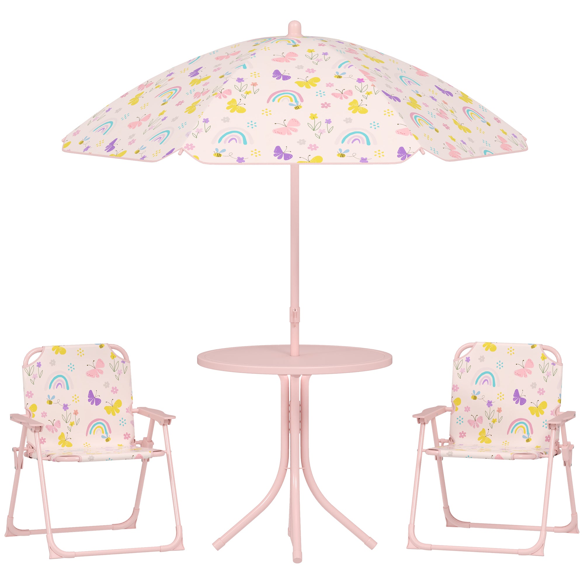 Garden Set for Children 2-5 Years with Round Table, 2 Folding Chairs and a Umbrella, Pink