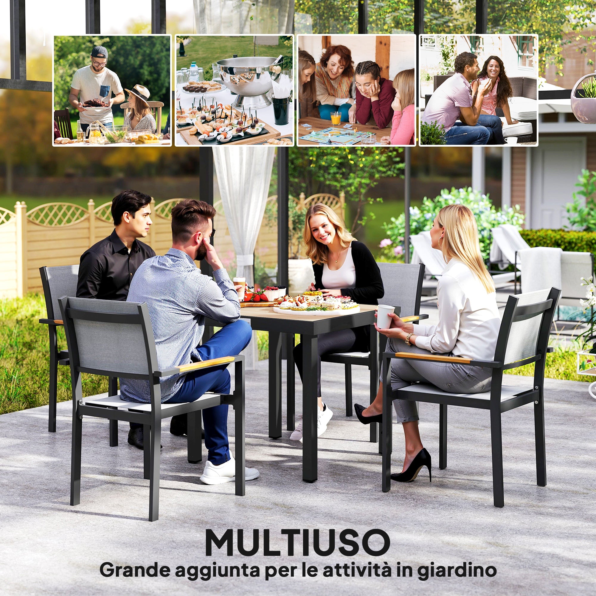 4-Seater Garden Table in Aluminum and Plastic, Black and Wood Color