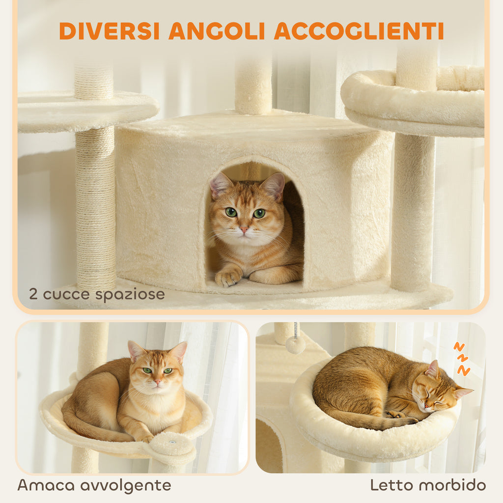 200cm High Multi-Level Cat Tree with 2 Houses, 2 Beds and Hammock, Structure for 2-3 Cats, Beige