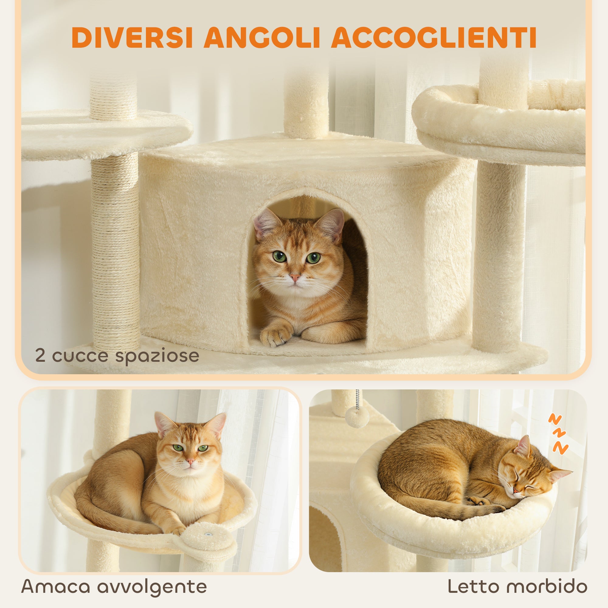 200cm High Multi-Level Cat Tree with 2 Houses, 2 Beds and Hammock, Structure for 2-3 Cats, Beige