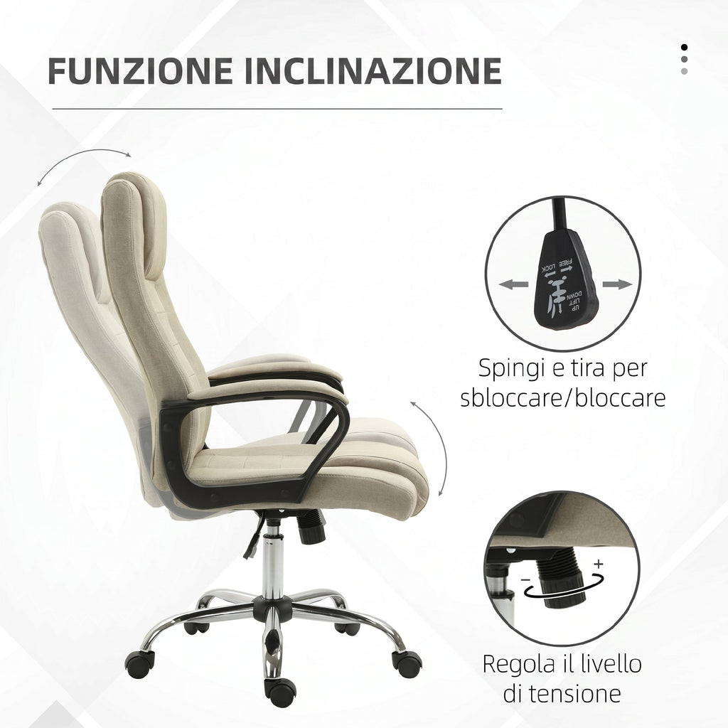 Vinsetto Ergonomic Tilting Swivel Office Chair in Linen Effect Fabric with Headrest, Beige