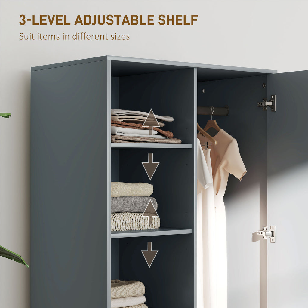 Modern Wardrobe with 2 Drawers, Open Shelves and Hanging Space, 80x50x124 cm, Dark Grey