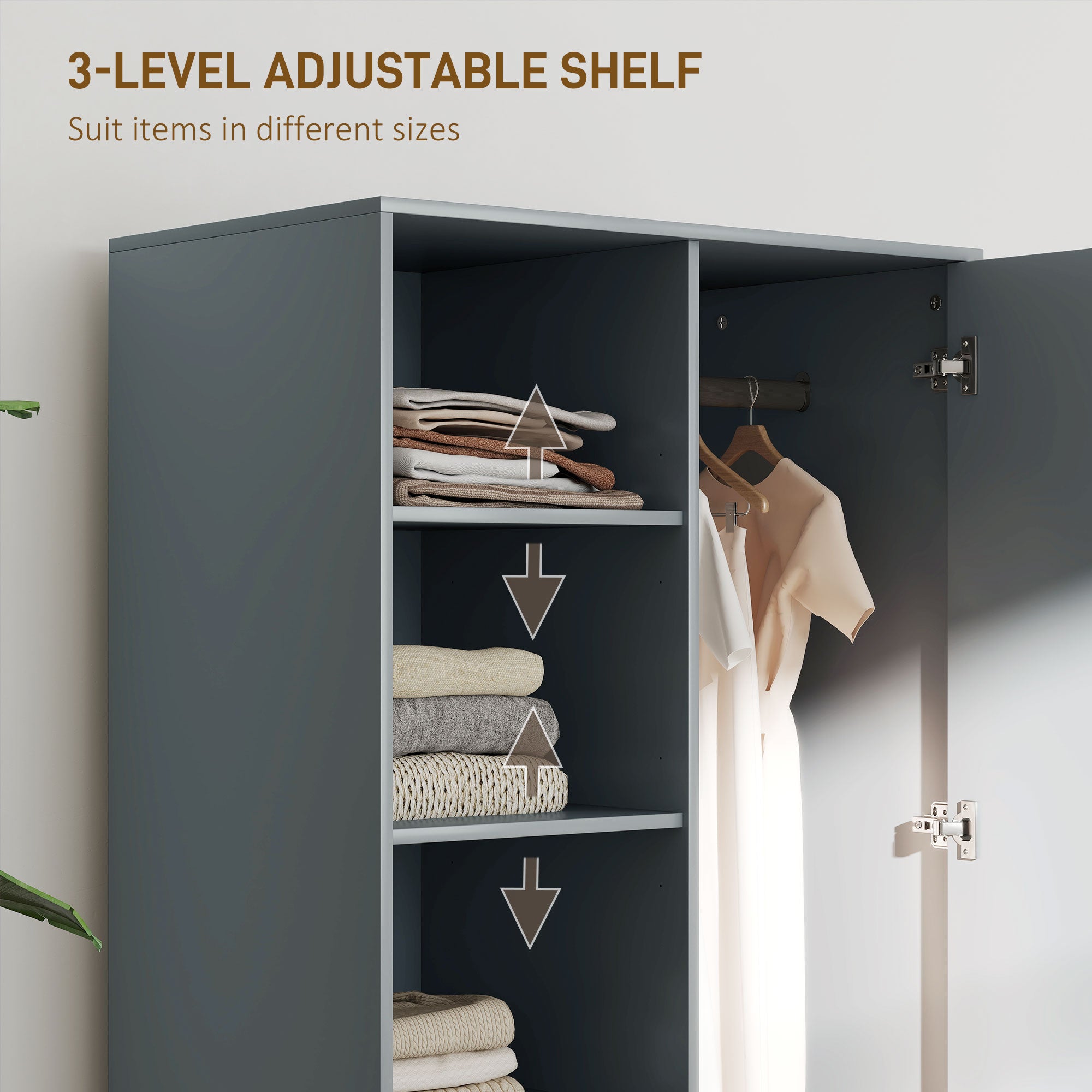 Modern Wardrobe with 2 Drawers, Open Shelves and Hanging Space, 80x50x124 cm, Dark Grey