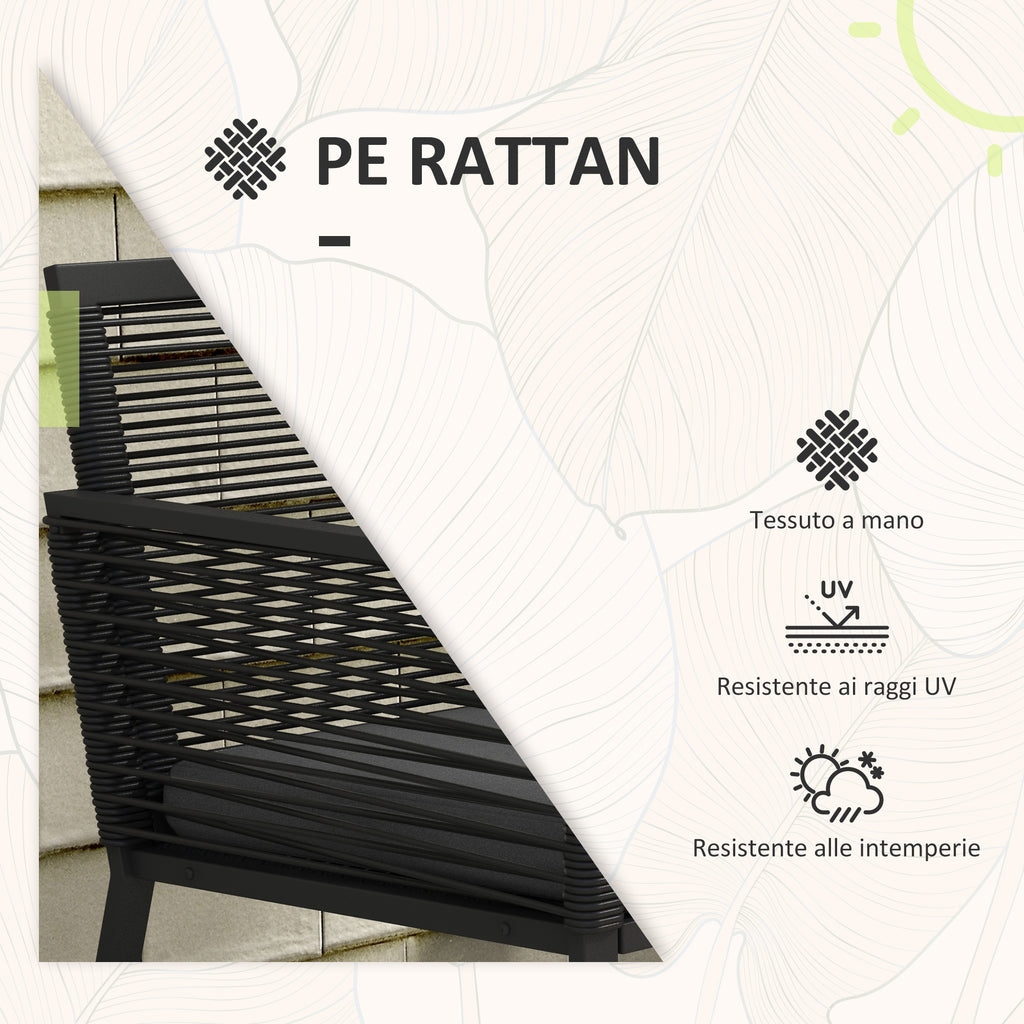Rattan Garden Set with 2 Armchairs with Cushions and Glass Coffee Table, Black - Borgè