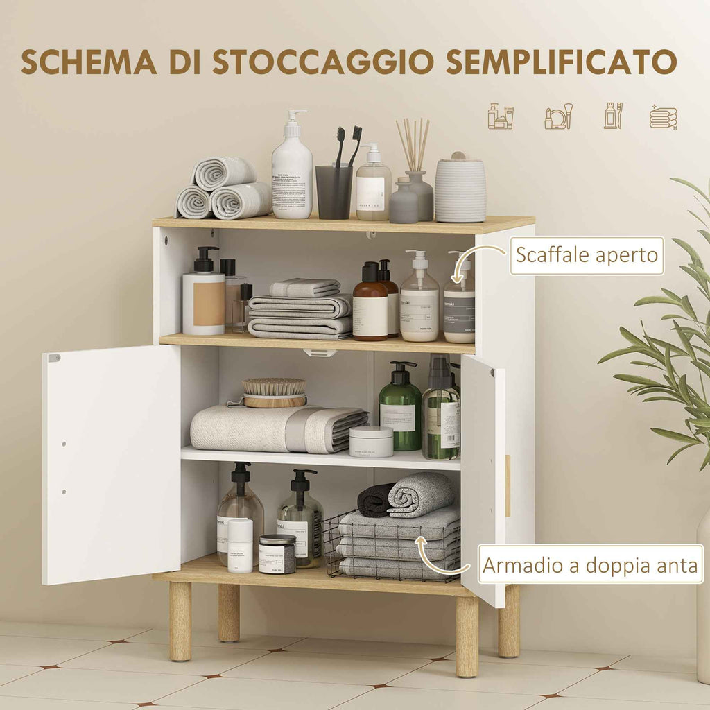 HOMCOM Freestanding Bathroom Cabinet with Adjustable Shelf, White and Natural Wood