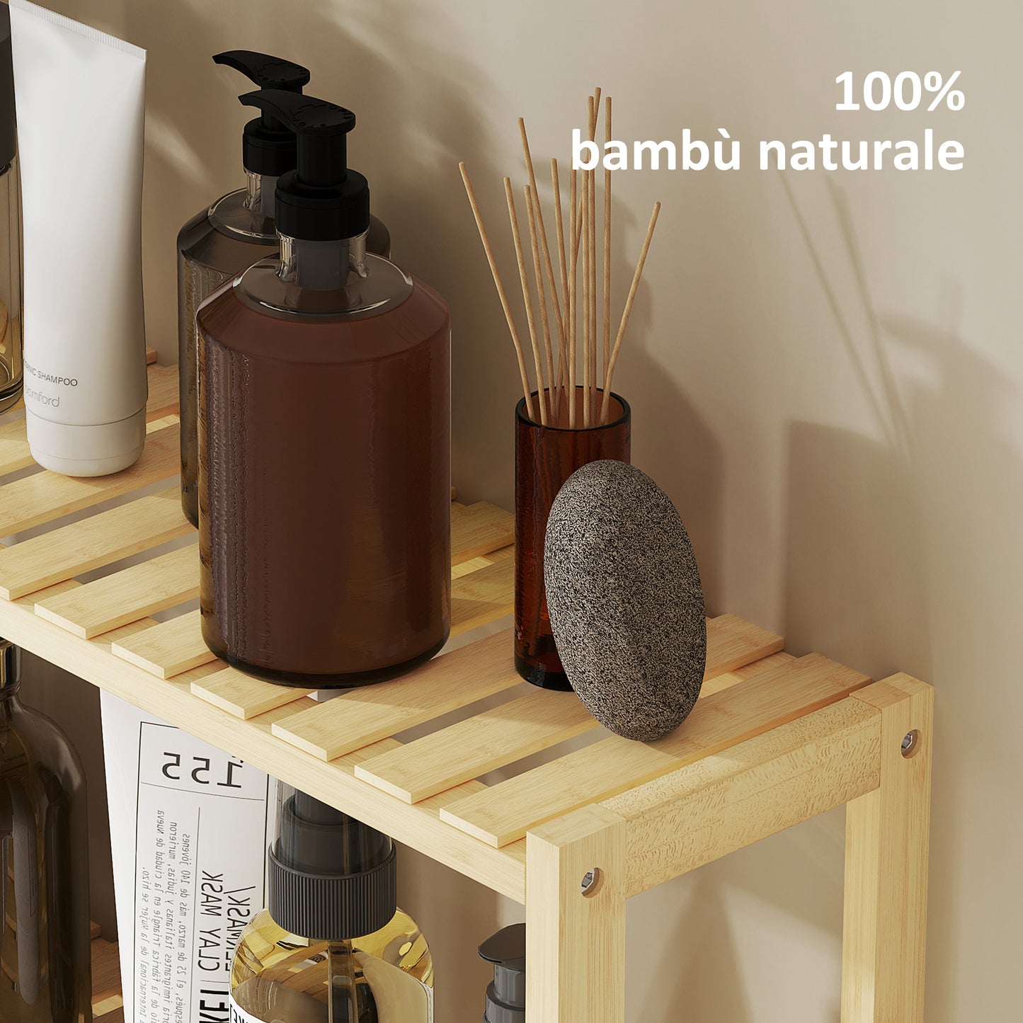 Bathroom Shelf with 3 Shelves Adjustable in 5 Positions, in Bamboo, 60x15x50 cm, color Wood