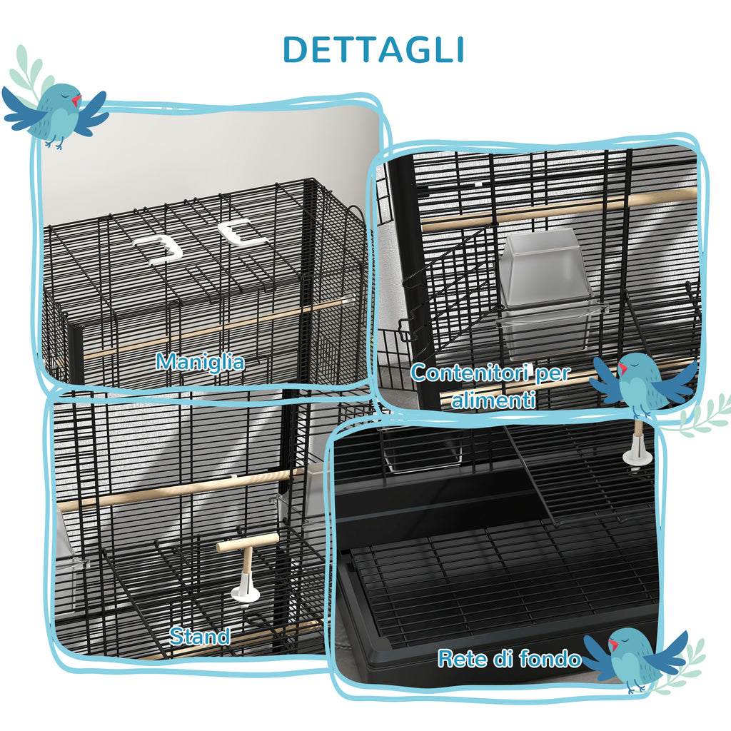 Bird Cage with Removable Tray and Perches, Parrot Aviary, 61x36.5x98cm, Black