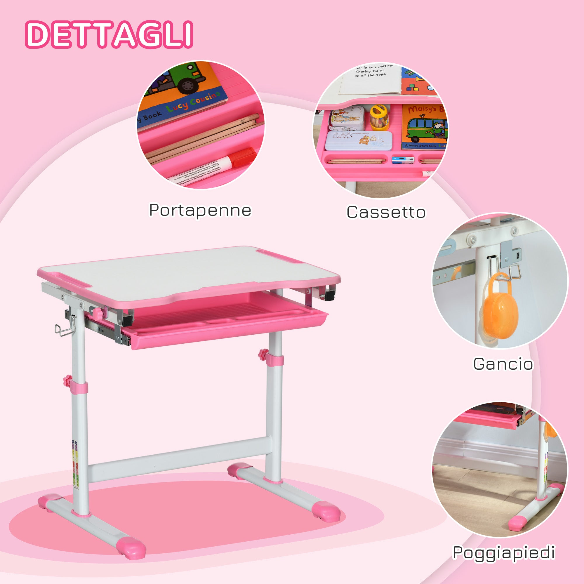 Children's School Desk for 6-12 Years with Chair and Adjustable Height, Tiltable Top, 66x47x52-77 cm, Pink