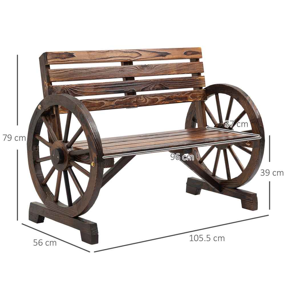 Outsunny 2-Seater Garden Bench with Slatted Frame and Wagon Wheel Armrests, Wooden, 105.5x56x79 cm, Burnt Brown
