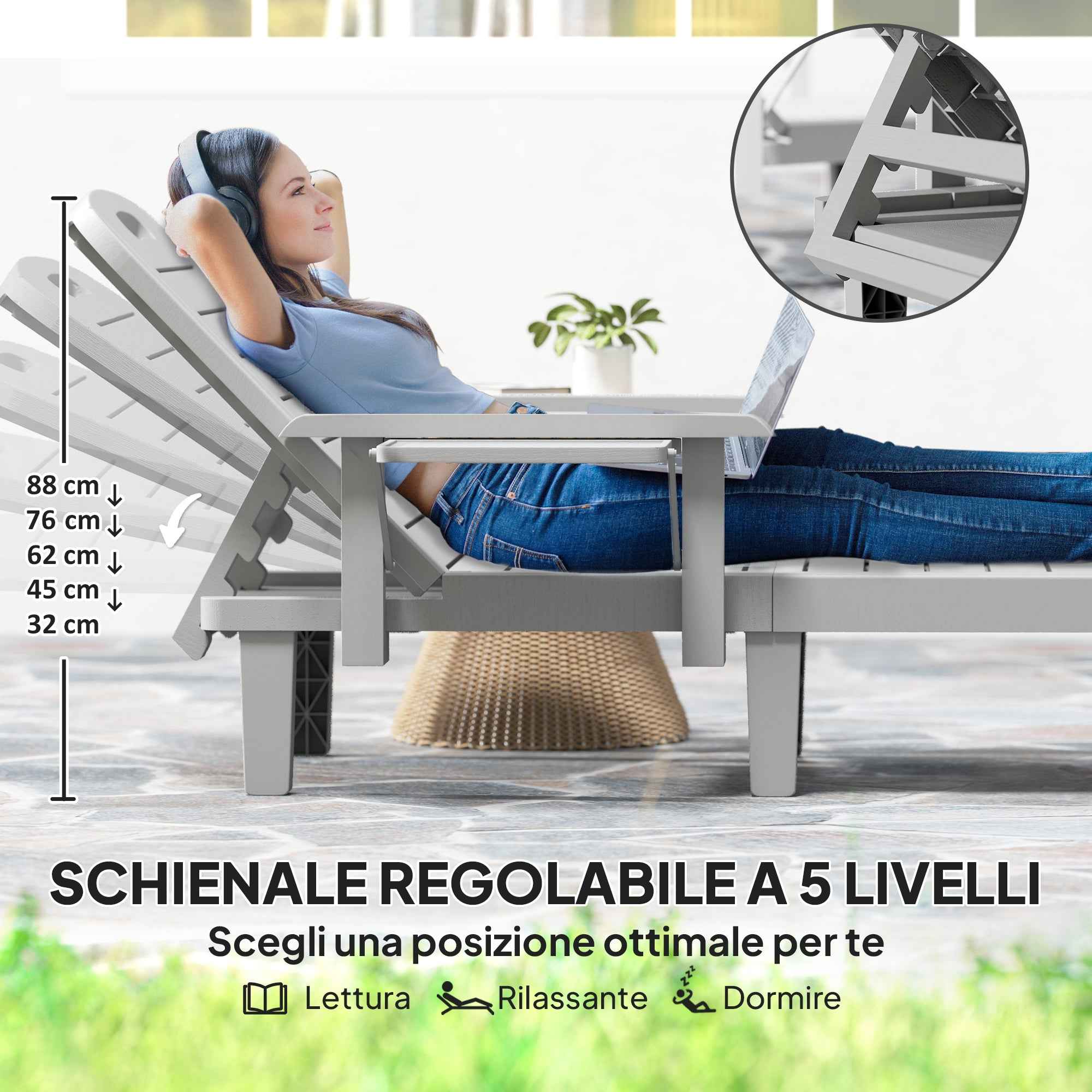 Outsunny Adjustable Garden Lounger with Table and Armrests, in Polypropylene, 79x158x88 cm, Light Grey