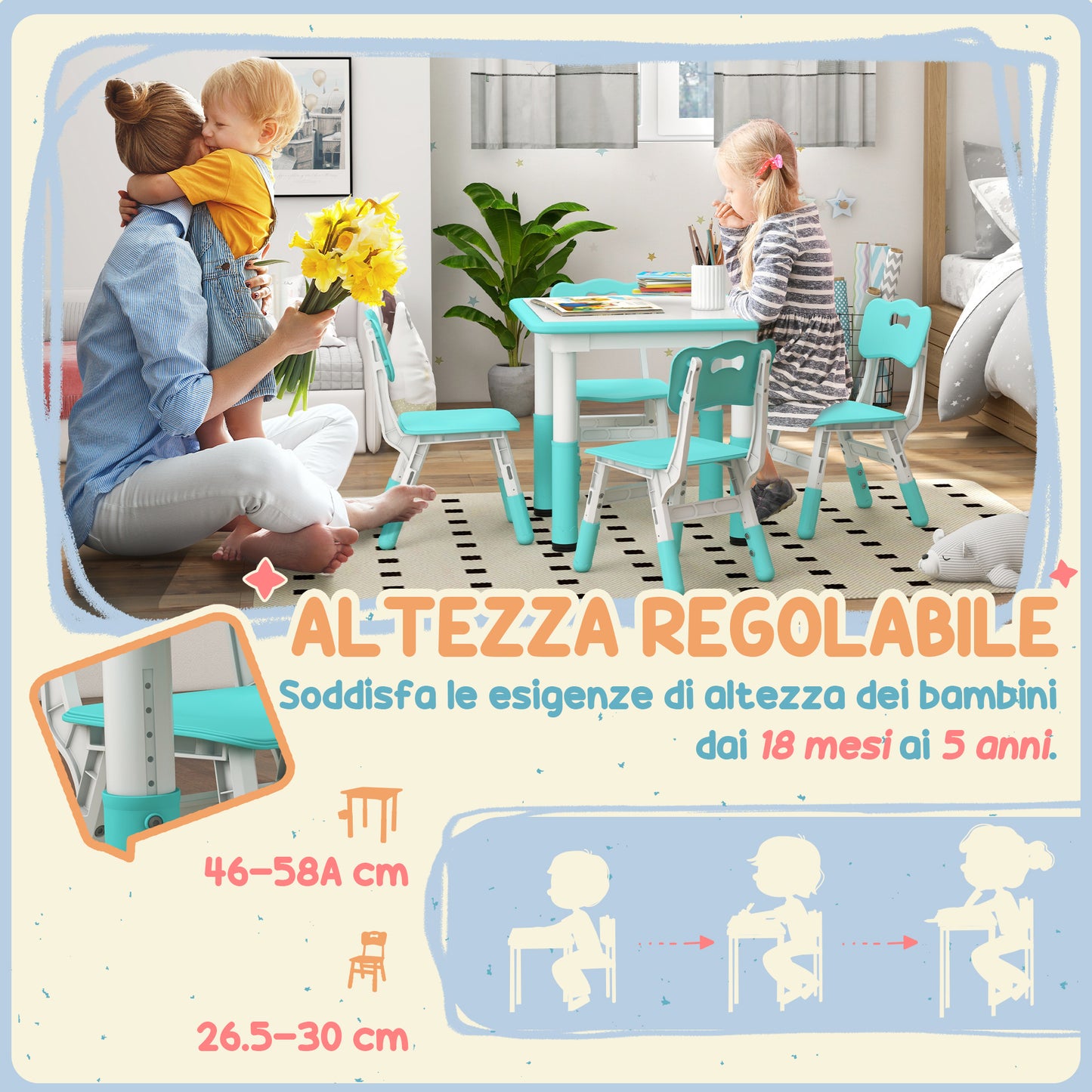 Children's Table and Chair Set 5pcs with 4 Adjustable Chairs 32x36x52.5-56 cm and Table 60x60x46-58 cm, Green