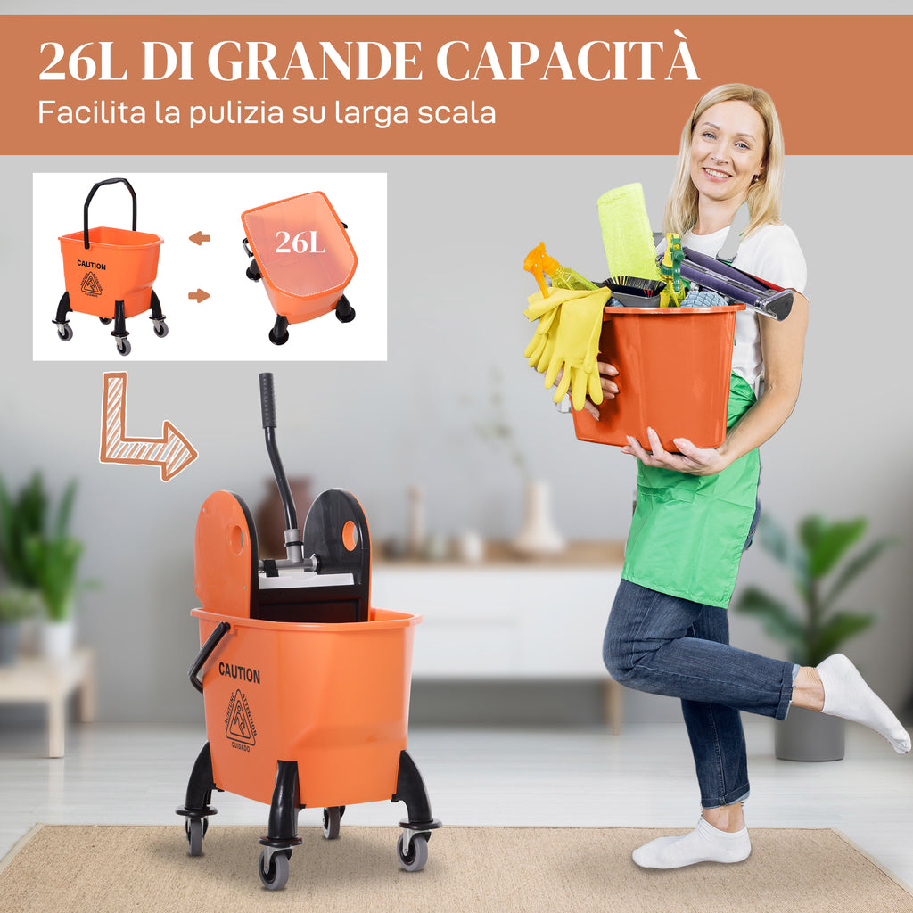 Professional Cleaning Trolley 26L Capacity Removable Wringer with Wheels 44 × 36 × 90cm Orange