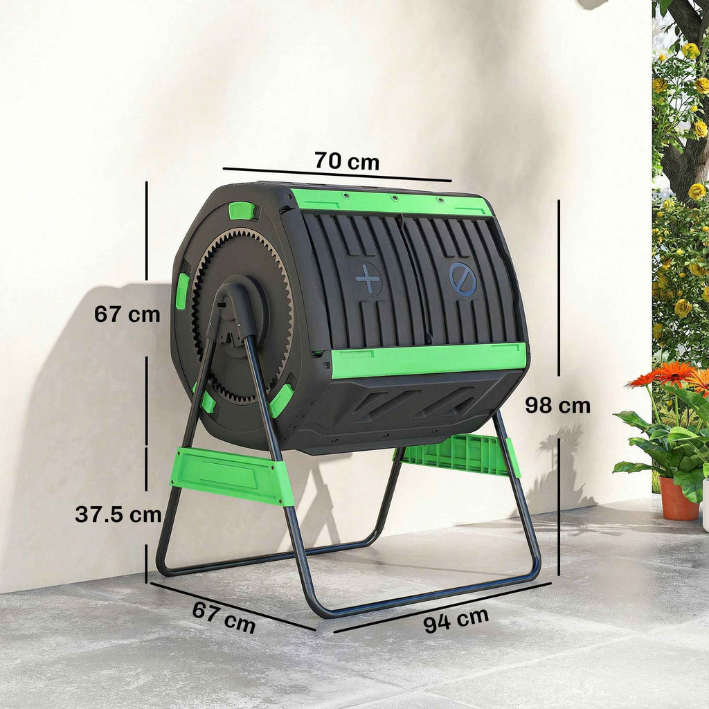 Outsunny 200L Double Chamber Home Composter with 8 Air Vents, PP and Metal, 94x67x98 cm, Green and Black