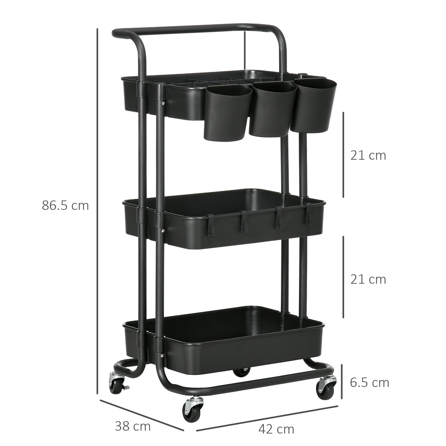 Multipurpose Kitchen Cart with Removable Baskets and Hooks, Shelf with 12 Dividers, Black