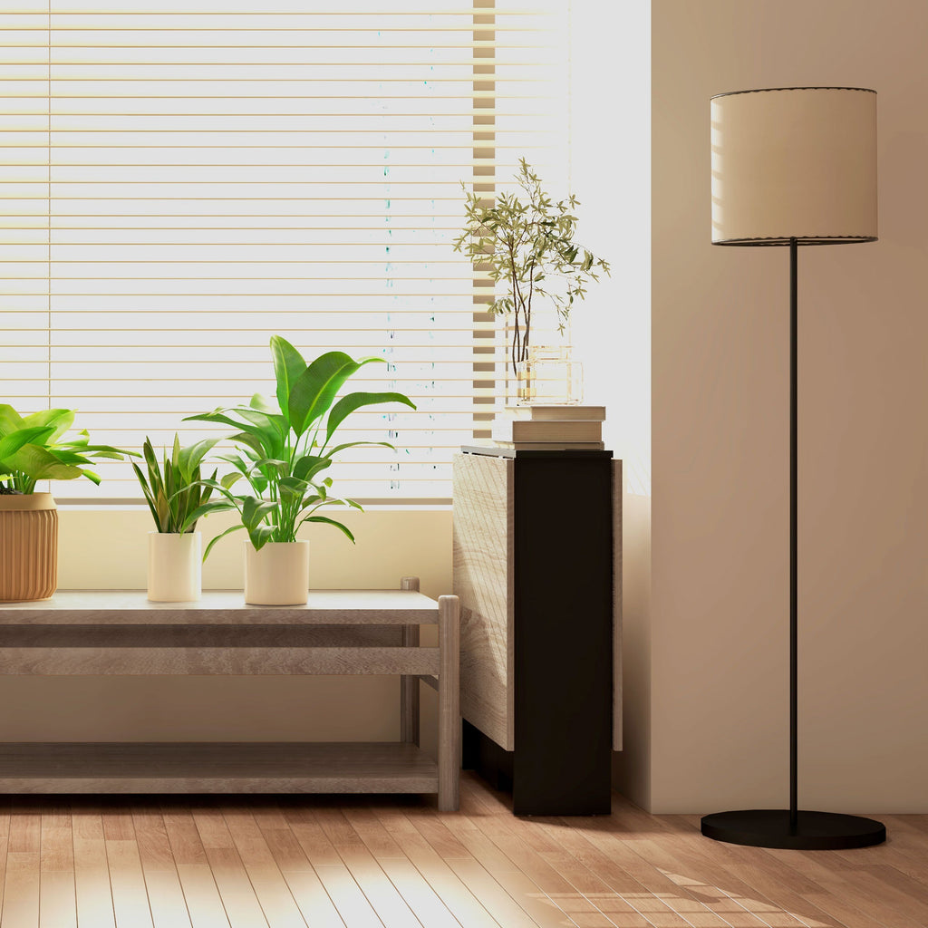 LEAF - Foldable Console Table for 4-6 people with Wheels and Shelves, 140x75x74cm, Oak and Black