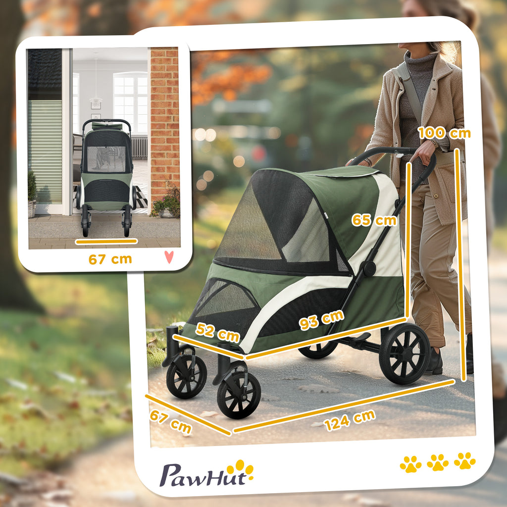 PawHut Medium Dog Stroller, Foldable with Mesh Windows, Cushion and Leash, 124 x 67 x 100 cm, Dark Green