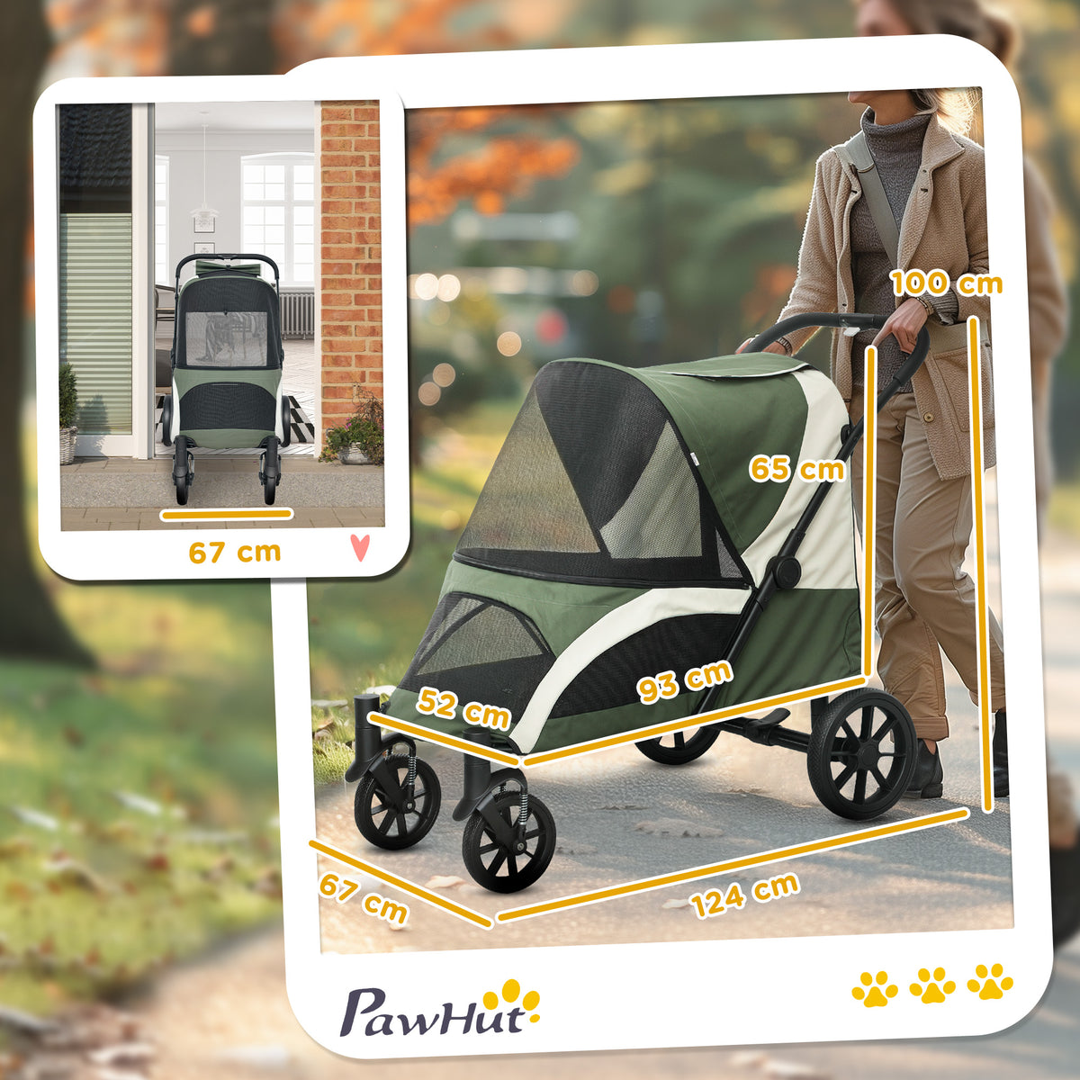 PawHut Medium Dog Stroller, Foldable with Mesh Windows, Cushion and Leash, 124 x 67 x 100 cm, Dark Green