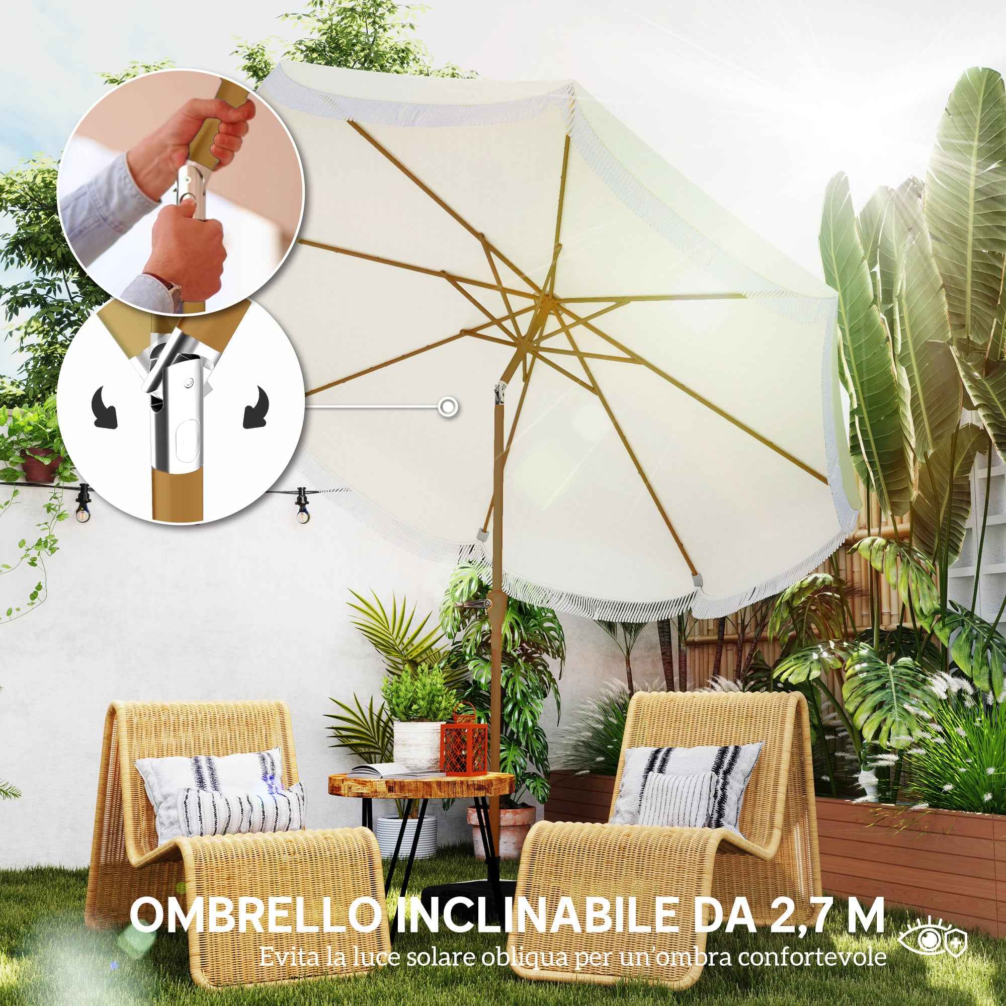 Outsunny 2.7x2.4m Round Garden Umbrella with Crank Handle, Metal and Polyester, Beige