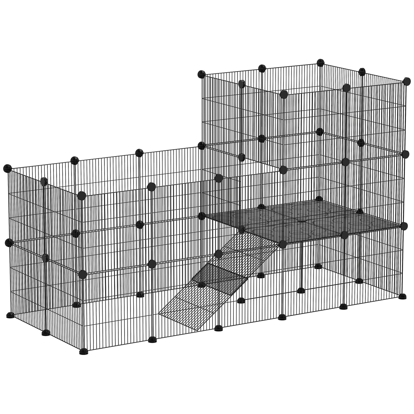 Modular and Multilevel Pet Run with 39 Panels, Steel and PP, 140x70x105 cm, Black