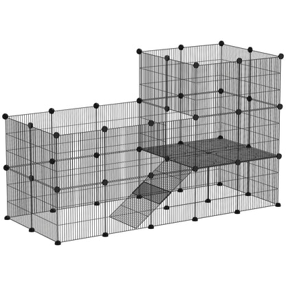 Modular and Multilevel Pet Run with 39 Panels, Steel and PP, 140x70x105 cm, Black