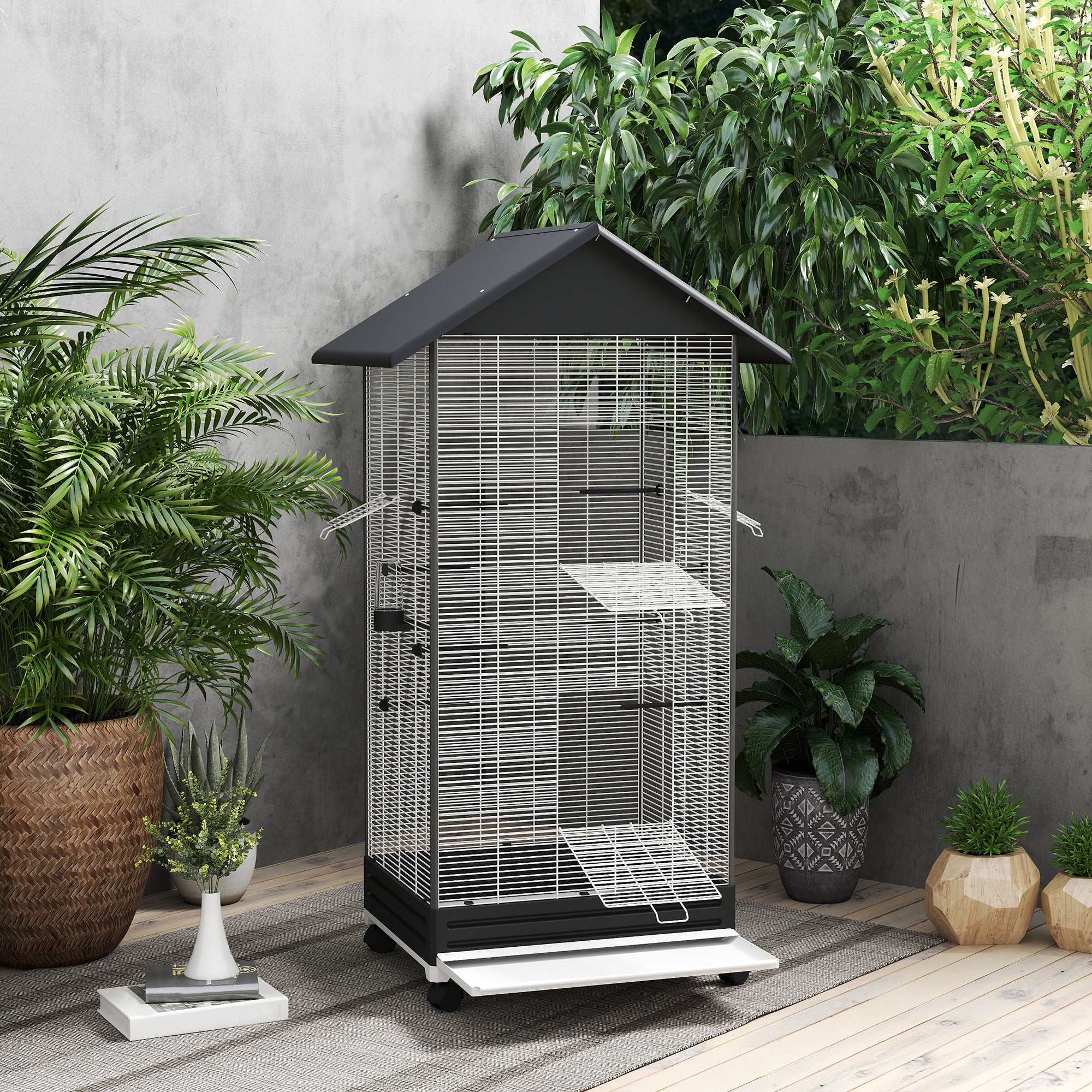 Bird Cage with Wheels and Removable Tray, 155 cm High Aviary with Perches and Feeders, Black