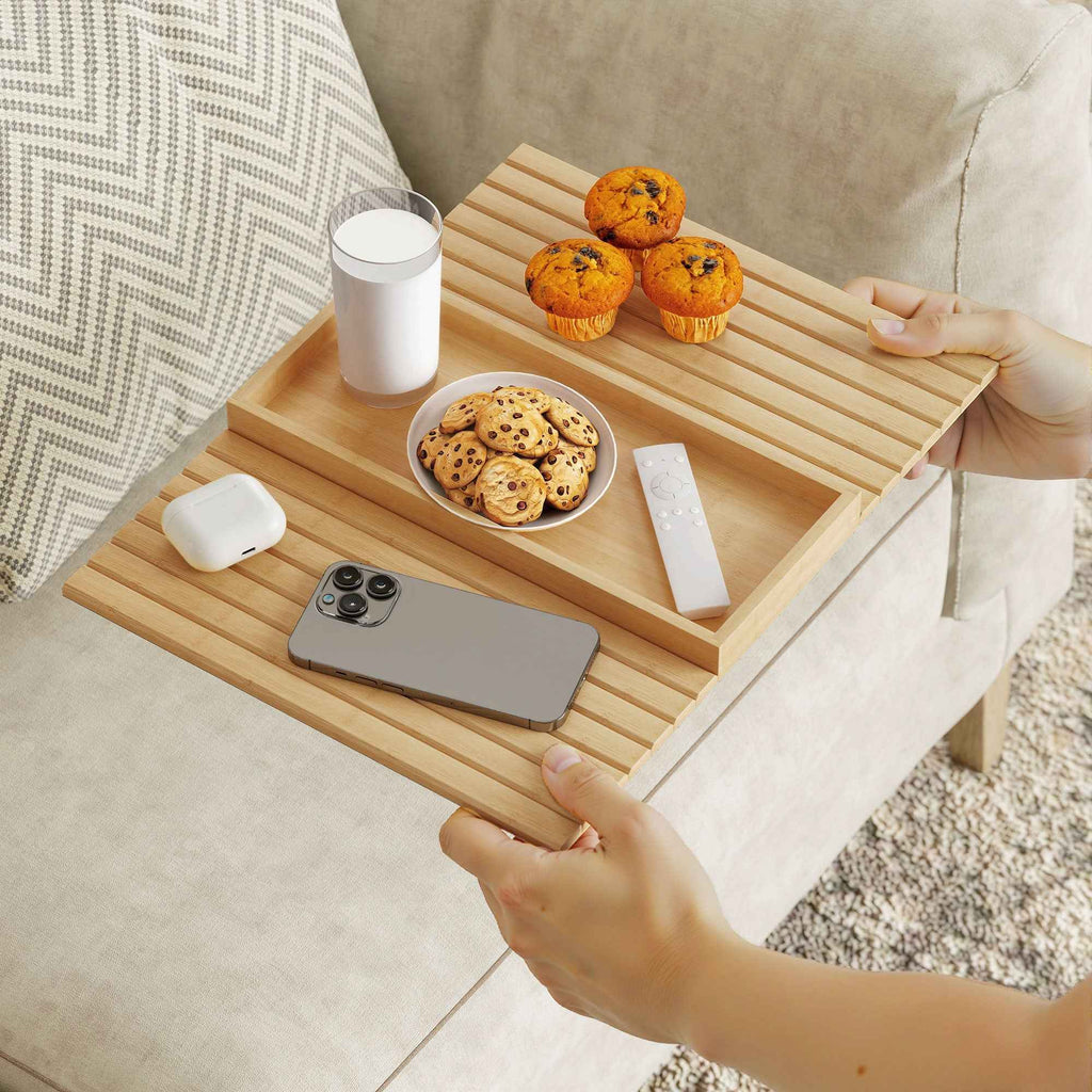 HOMCOM Bamboo Sofa Armrest Tray, Flexible Sofa Mat with Tray, Wood Color