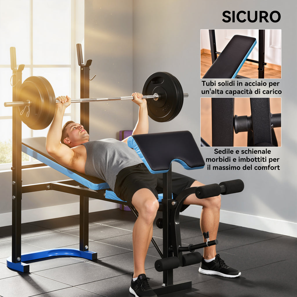 HOMCOM Multifunctional Weight Bench with Barbell Support and Adjustable Backrest, Steel and PU, 155x56.5x120 cm, Black and Blue