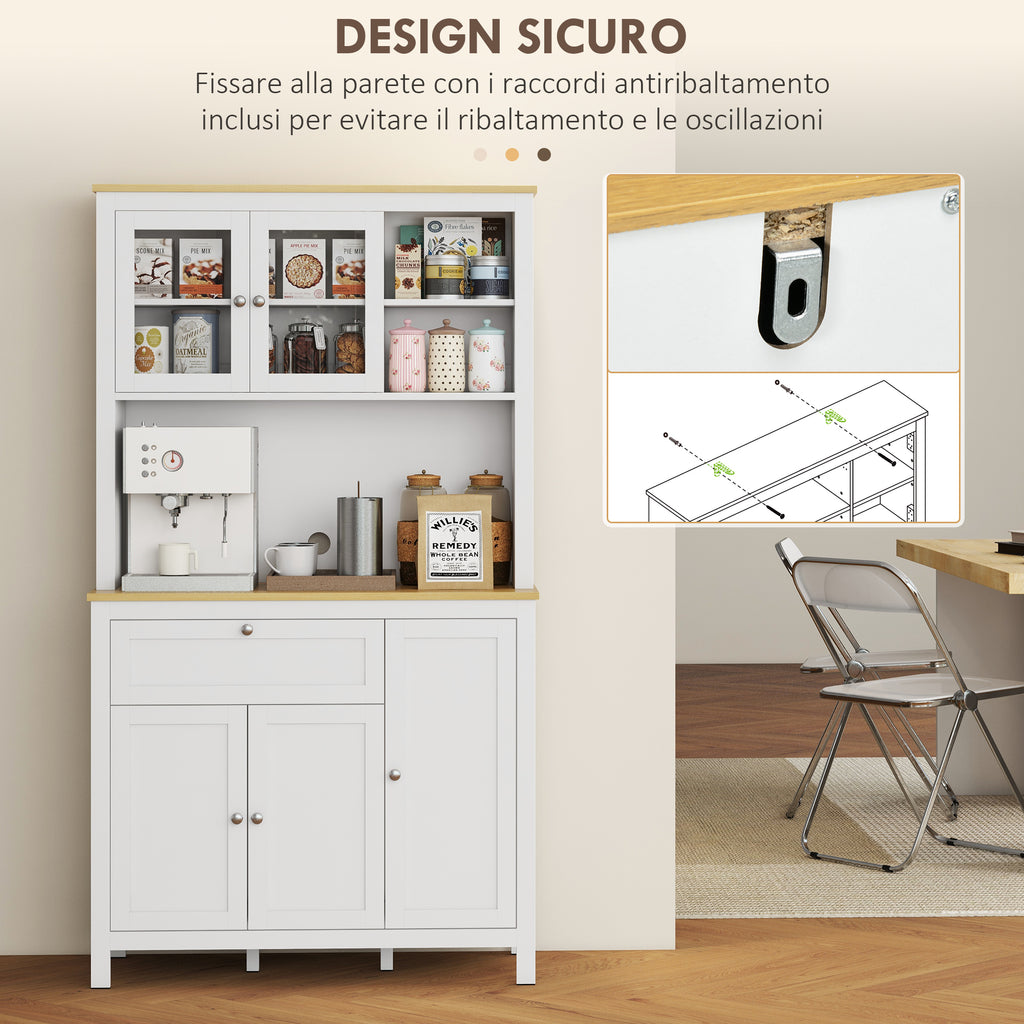 Kitchen Pantry with Drawers, Open Shelves and Adjustable Wooden Shelves, 100x40x180 cm, White