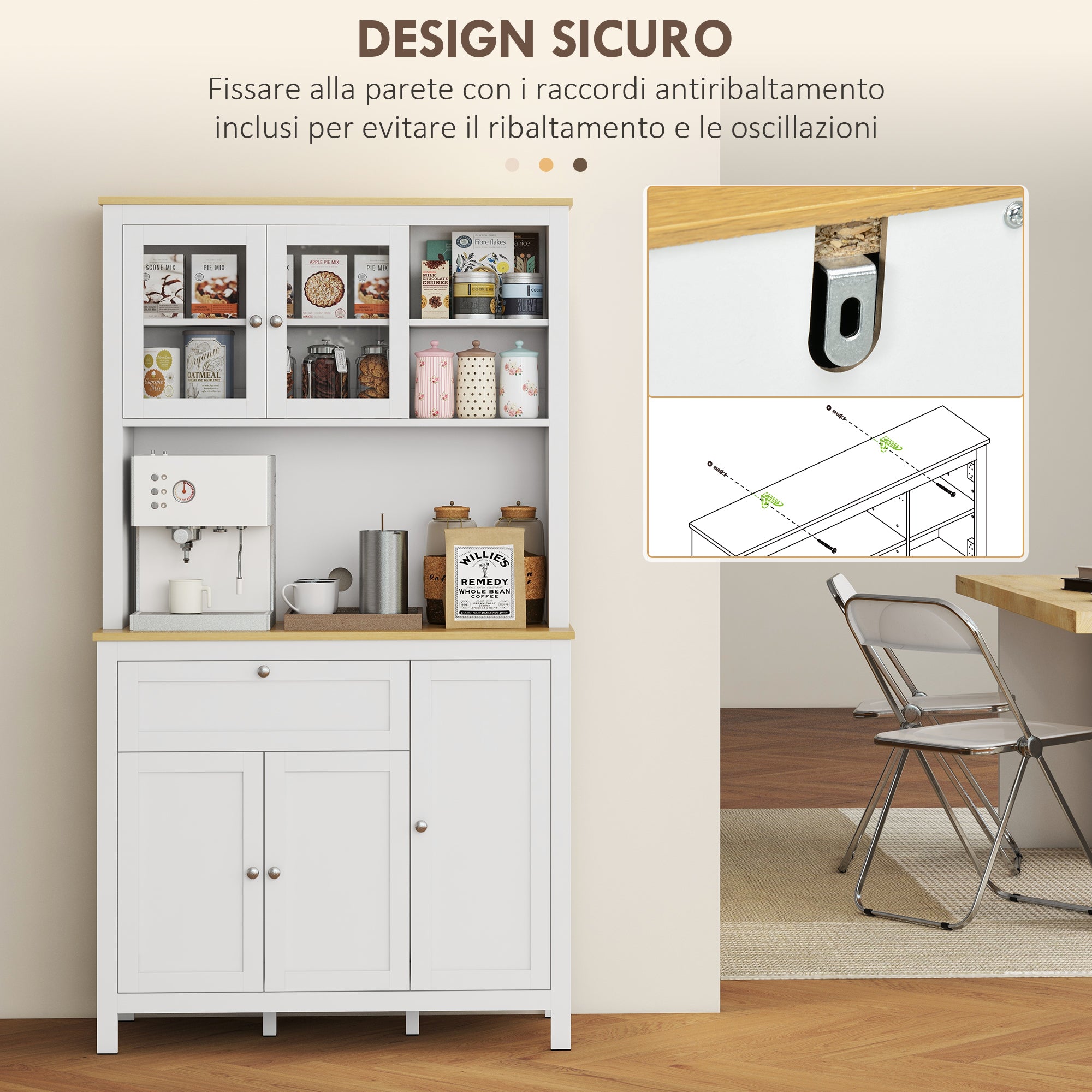 Kitchen Pantry with Drawers, Open Shelves and Adjustable Wooden Shelves, 100x40x180 cm, White
