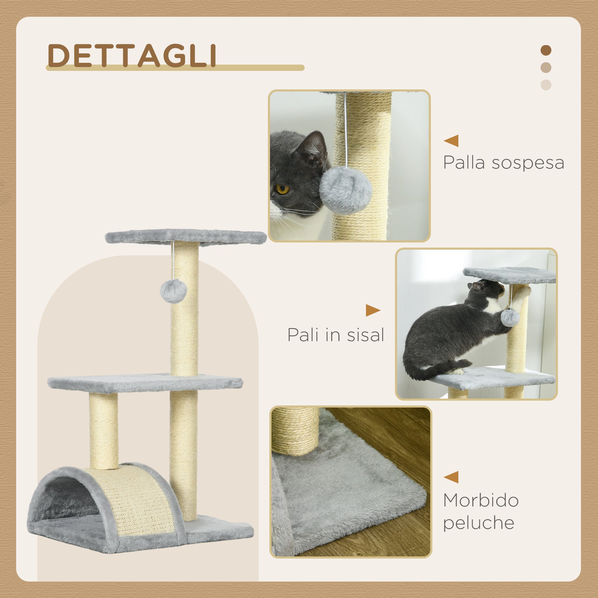 3-Tier Cat Tree with Scratching Post, Plush and Sisal, 40x35x72 cm, Light Gray