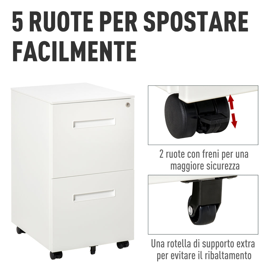 Office Drawer Cabinet with Wheels, 2-Drawer File Cabinet with Lock and 2 Keys in Steel, 39x48x67cm, White