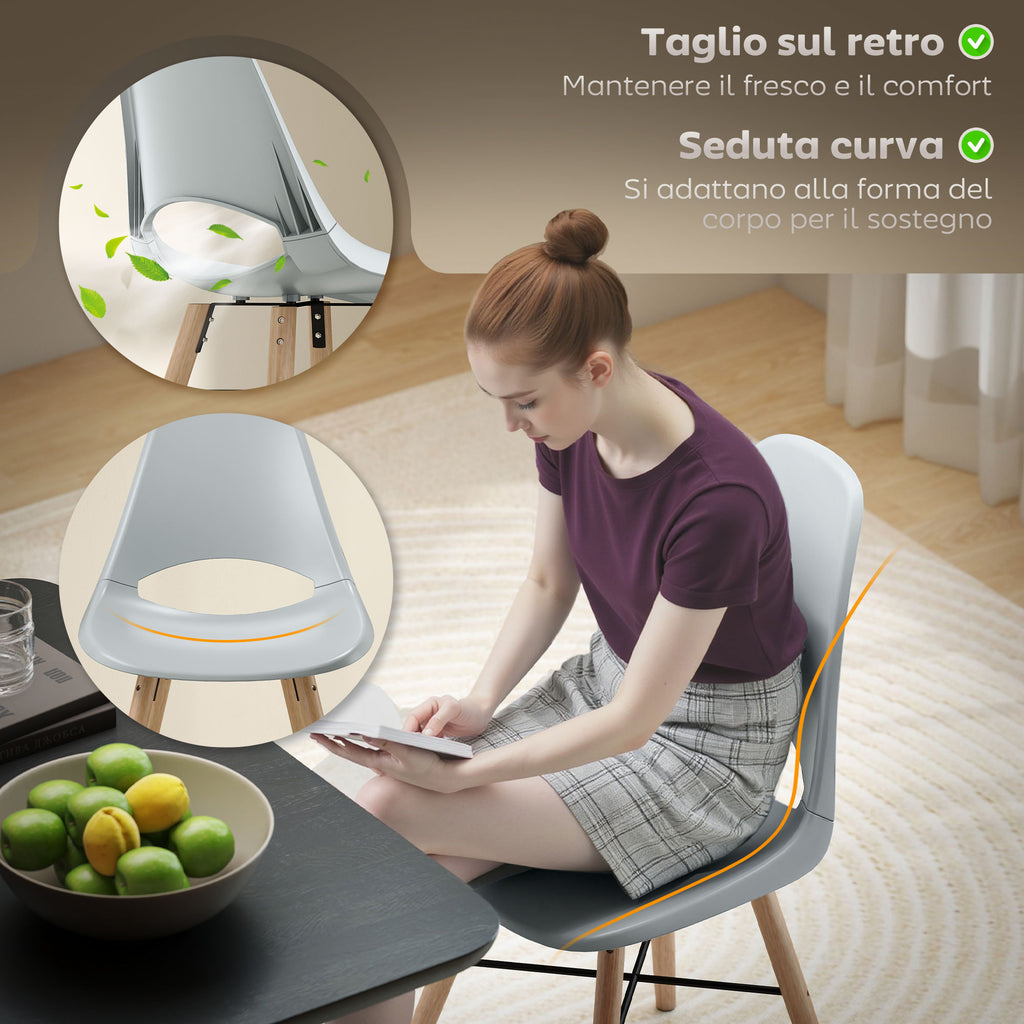 Set of 2 Nordic Style Plastic and Wood Dining Chairs with Curved Backrest, Grey