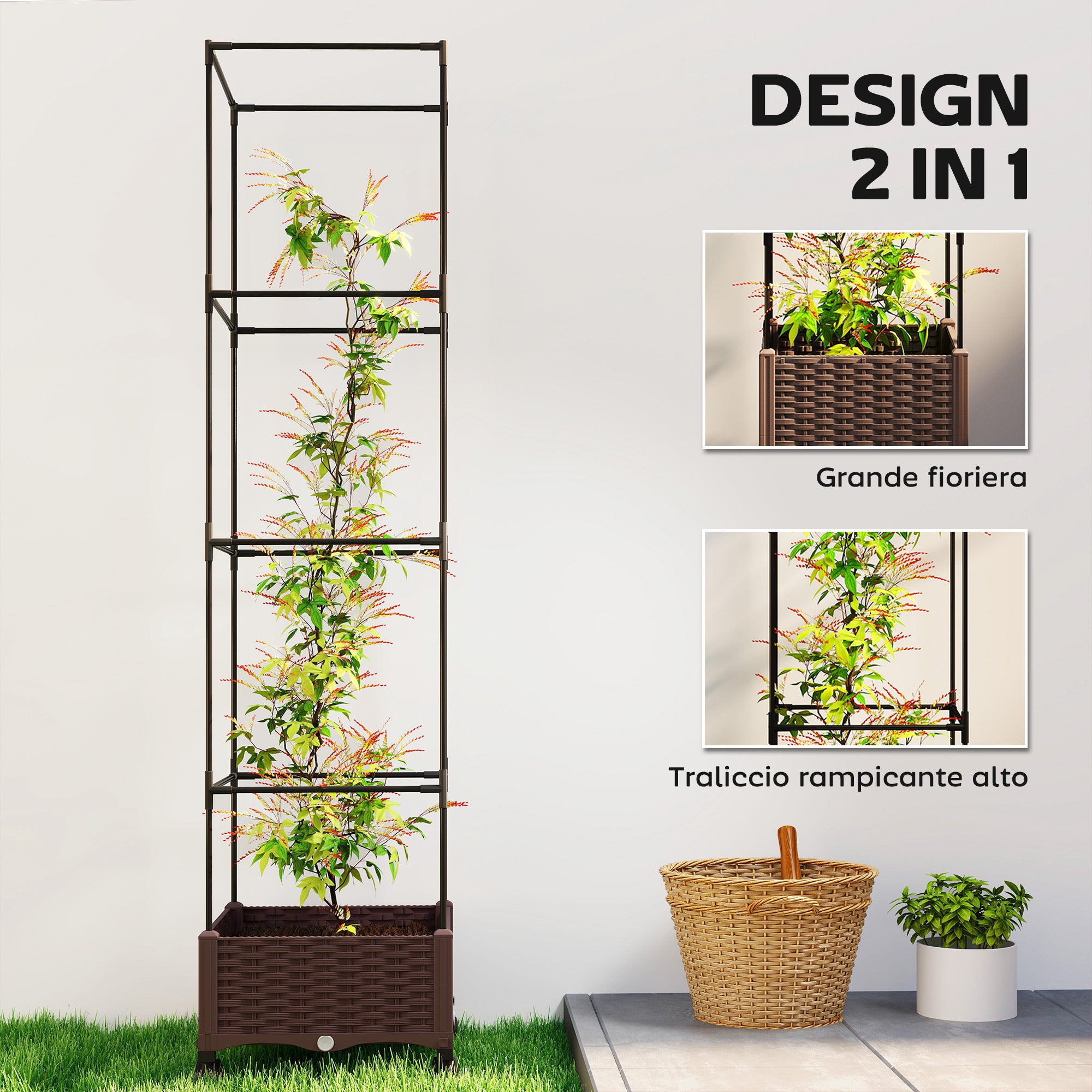 Outsunny 20L Raised Trellis Planter with Lockable Wheels and Self-Watering System, Brown
