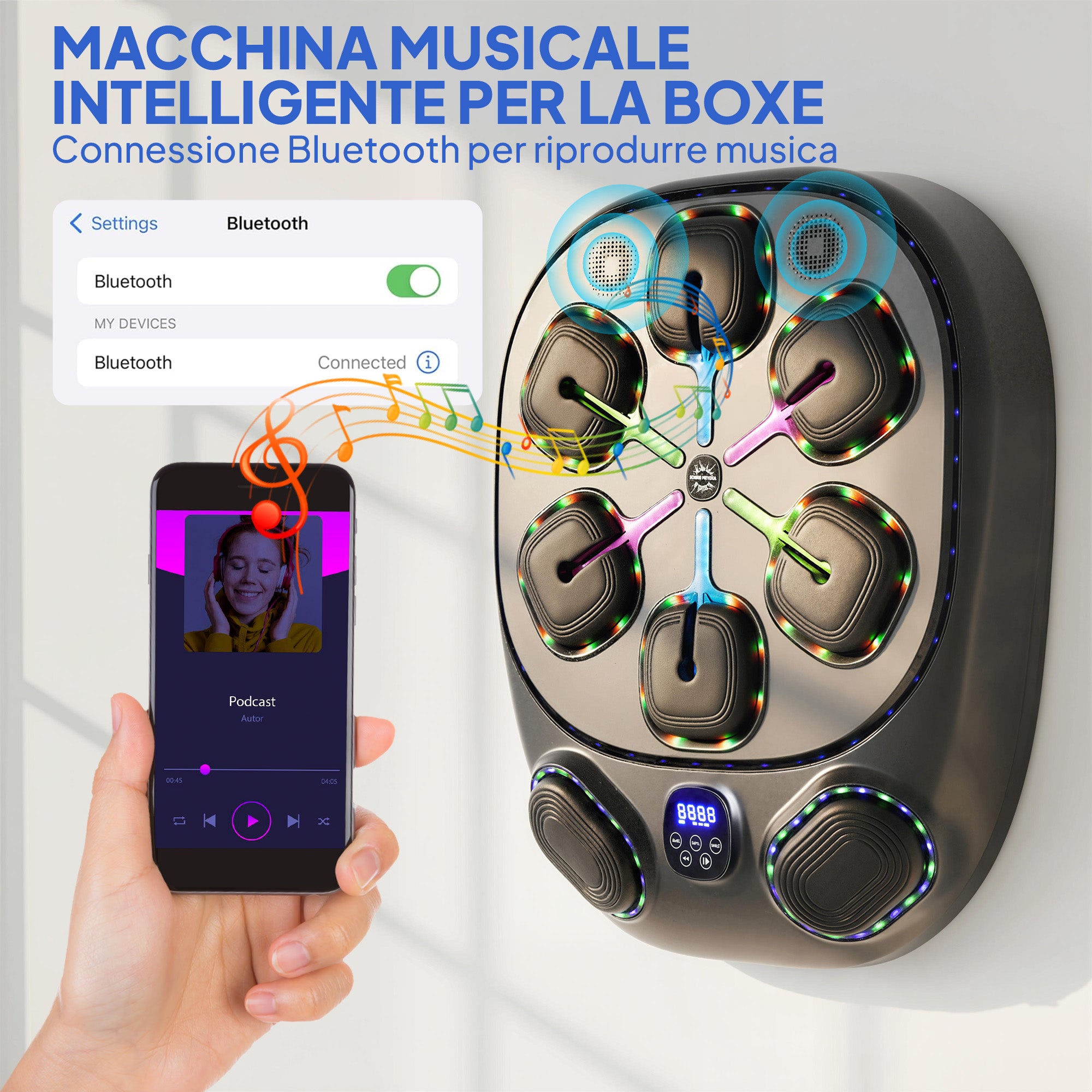 Wall-Mounted Musical Boxing Machine with 9 Modes, LED Lights and Bluetooth Connection, 61x48x11 cm, Black