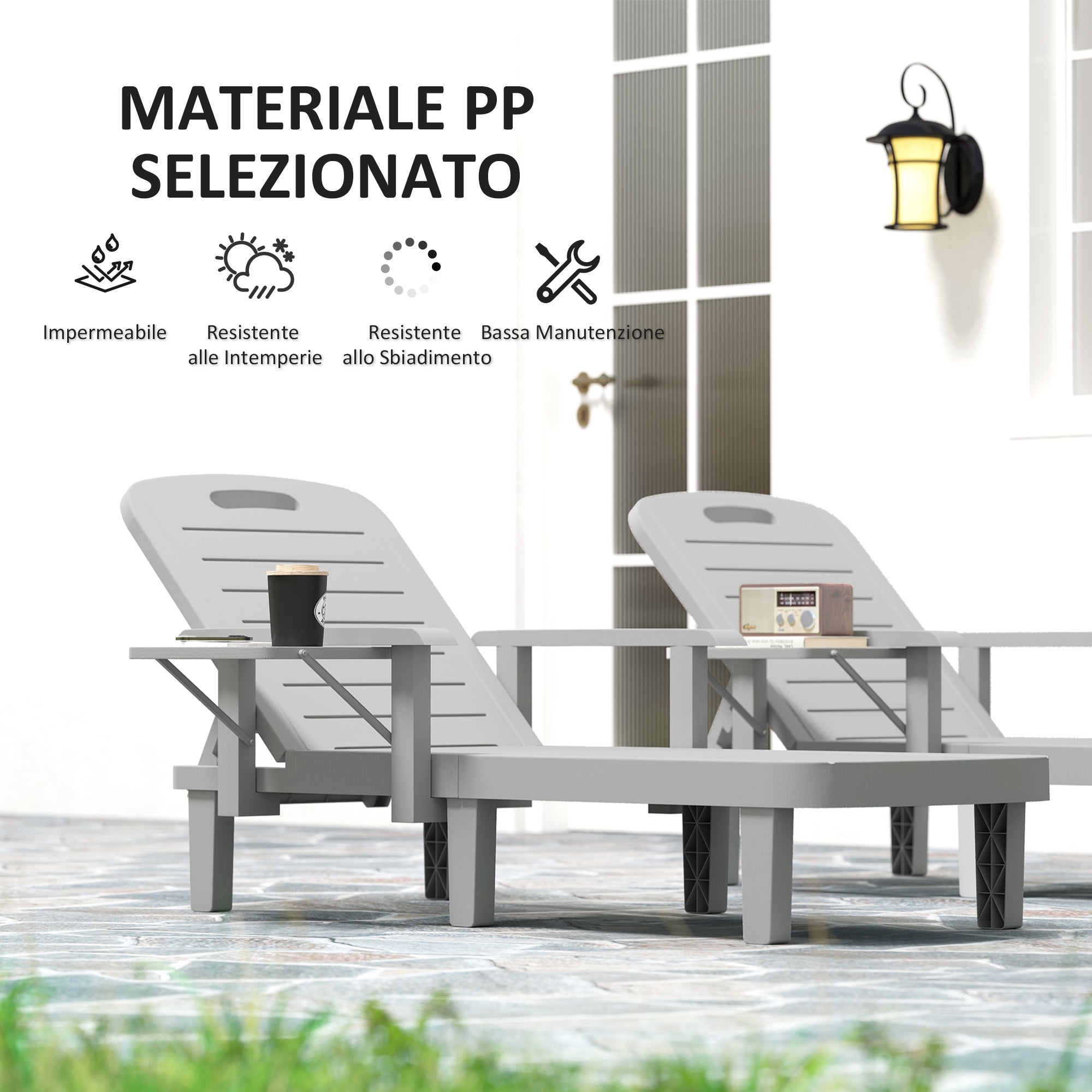 Set of 2 Adjustable Garden Deck Chairs with Table and Armrests, in Polypropylene, 79x158x88 cm, Light Grey