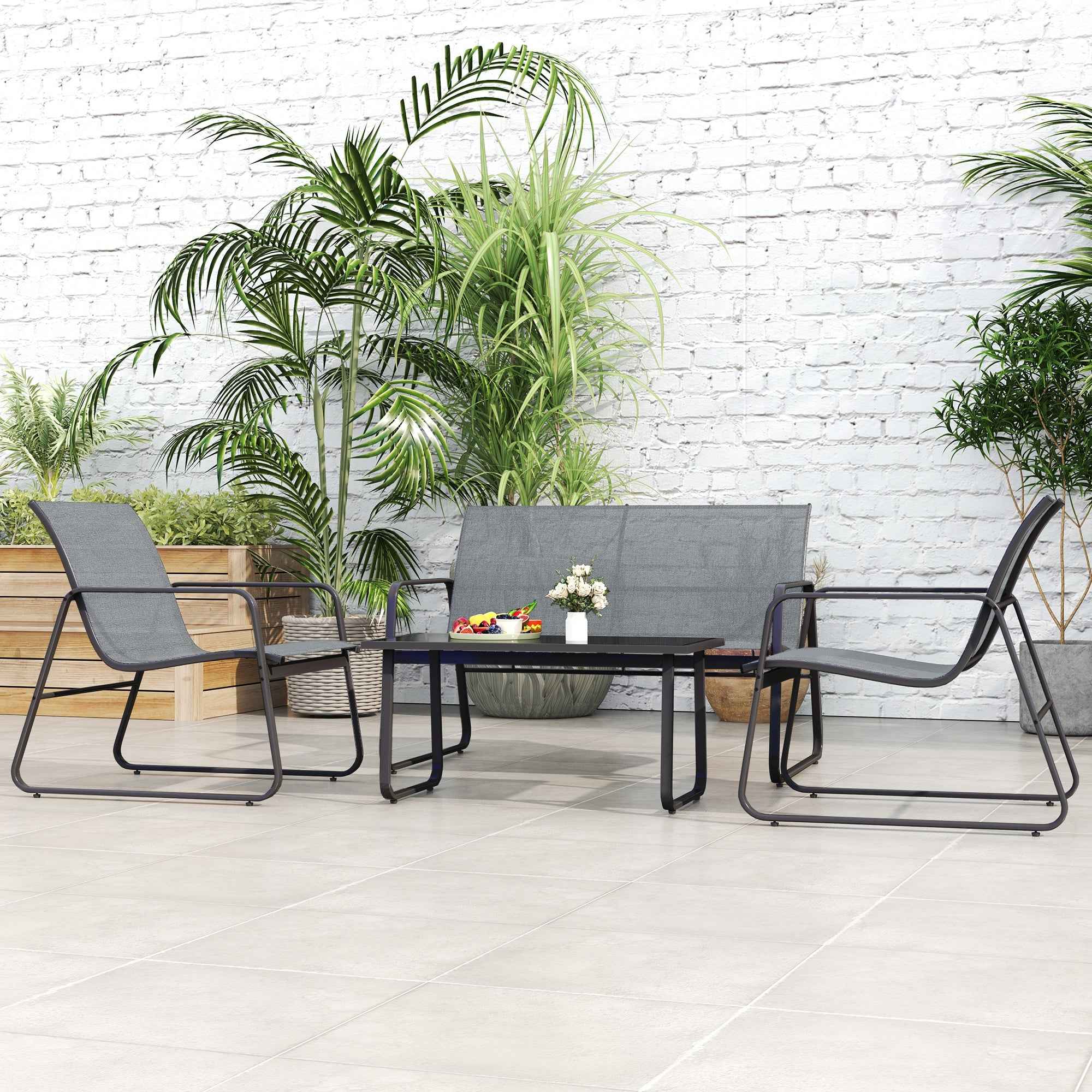 Outsunny 4-Piece Outdoor Set with Coffee Table, 2-Seater Bench and 2 Chairs, in Metal and Light Grey Texteline