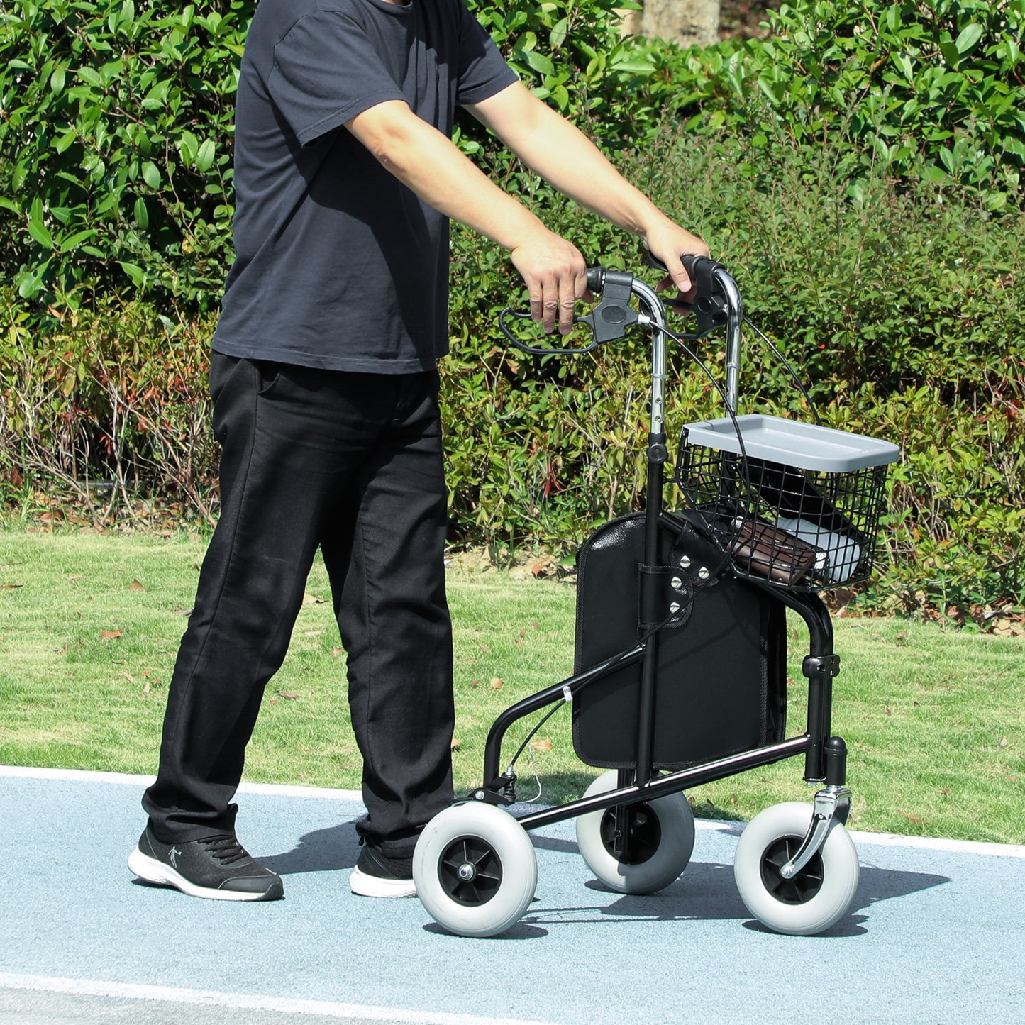 Height Adjustable Walker for Elderly and Disabled with Basket and Tray, 60x62x84-100.5 cm, Black