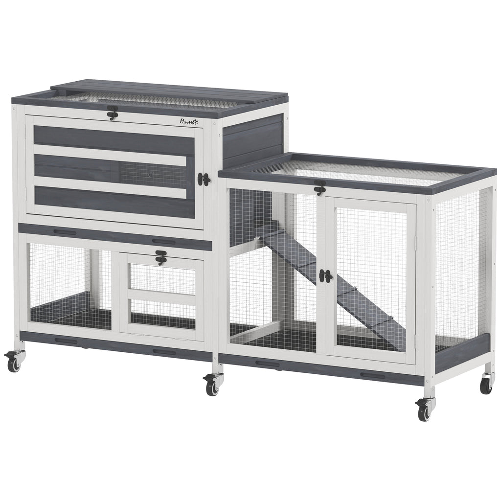 2-Level Rabbit Hutch with Ramp and 3 Trays, Fir Wood and Steel, 147x45x89.5 cm, Grey and White