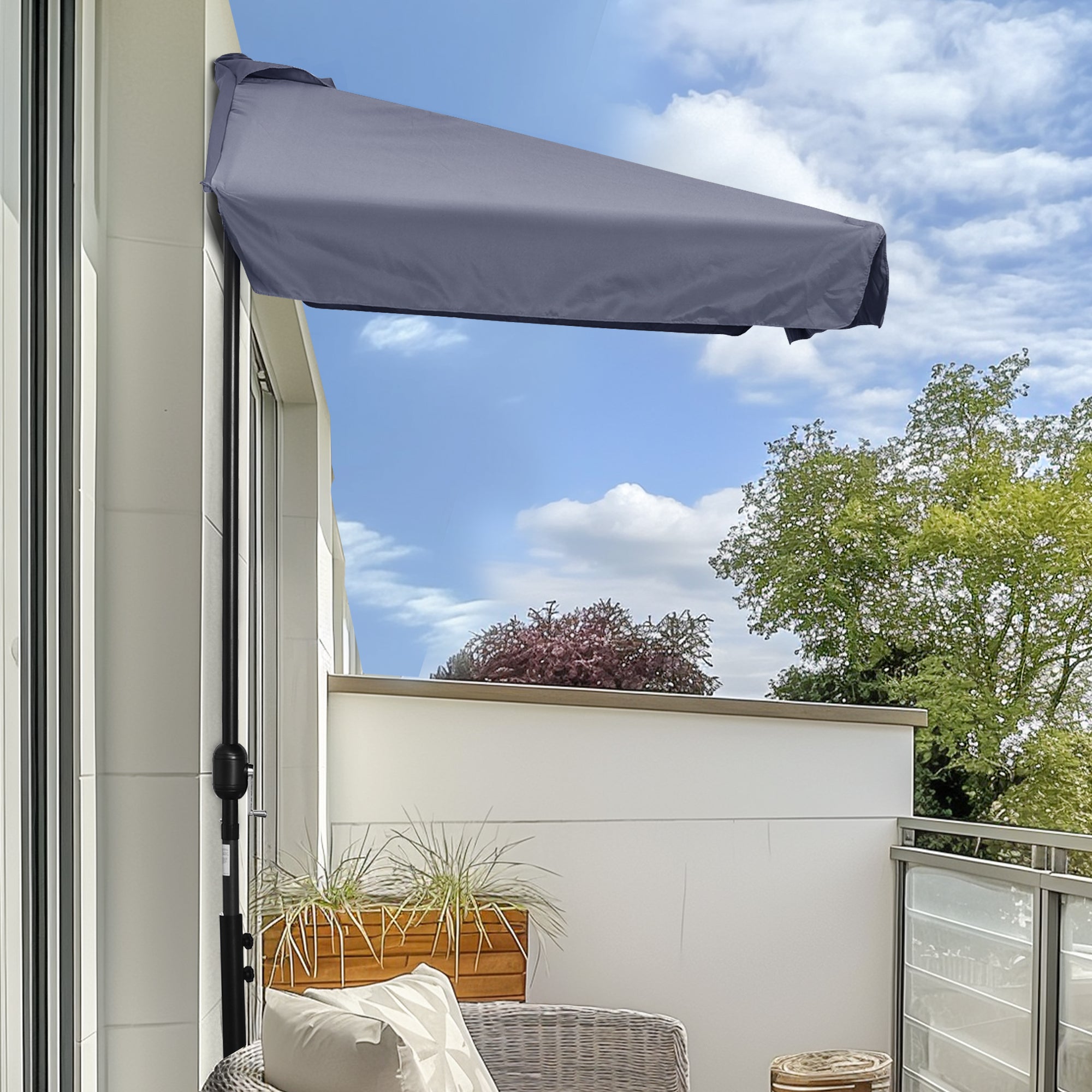 Outsunny 2.5x2.3m Semicircular Wall-Mounted Umbrella with Crank Opening, Metal and Polyester, Grey