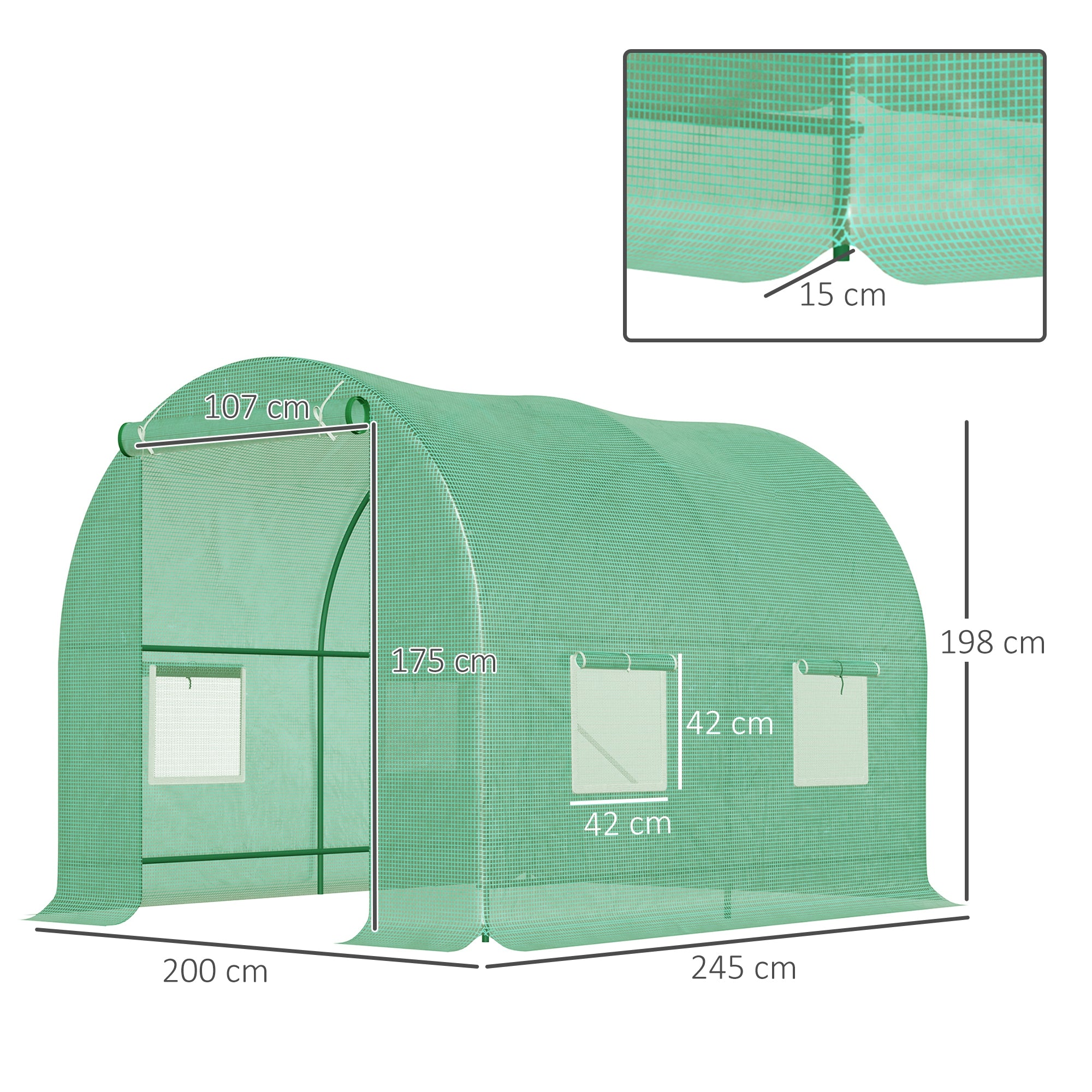 Outsunny Garden Greenhouse Steel Frame and 4 PE Windows 2.5x2x2m, Green