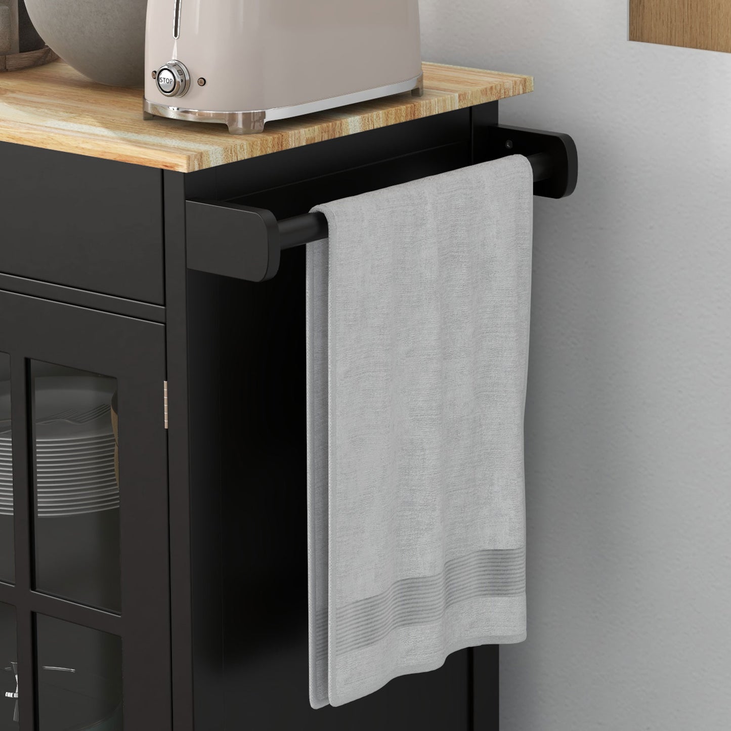 Kitchen Trolley with Drawer, Adjustable Cabinet and Towel Holder, Wooden, 67x48x86.5 cm, Black and Oak Kitchen Trolley with Drawer, Adjustable Cabinet and Towel Rail, Wooden, 67x48x86.5 cm, Black and Oak