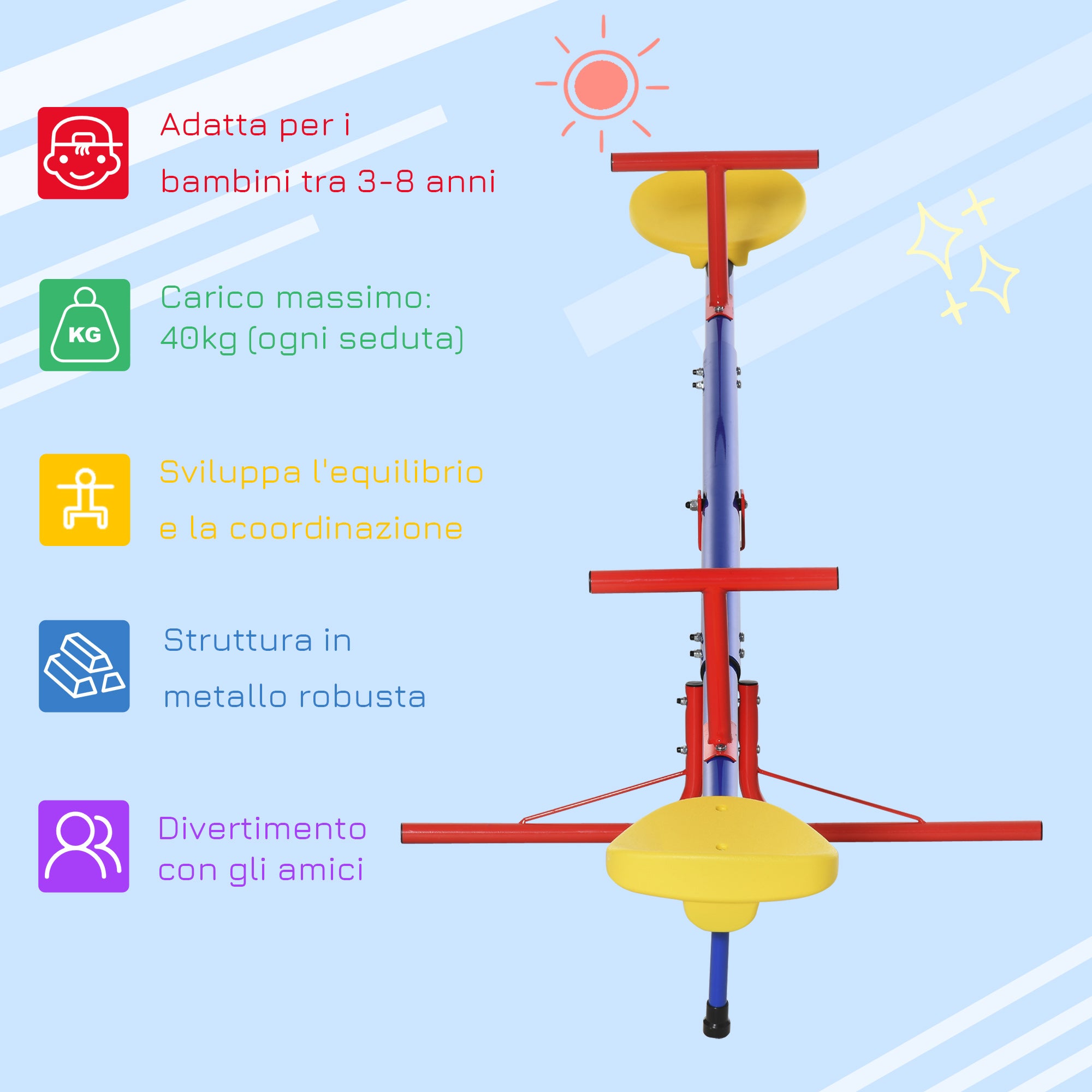 Outsunny 360° Rotating Double Seesaw Children's Swing in Metal and PP, Ages 3-8 Years, 182x77x63cm Multicolor