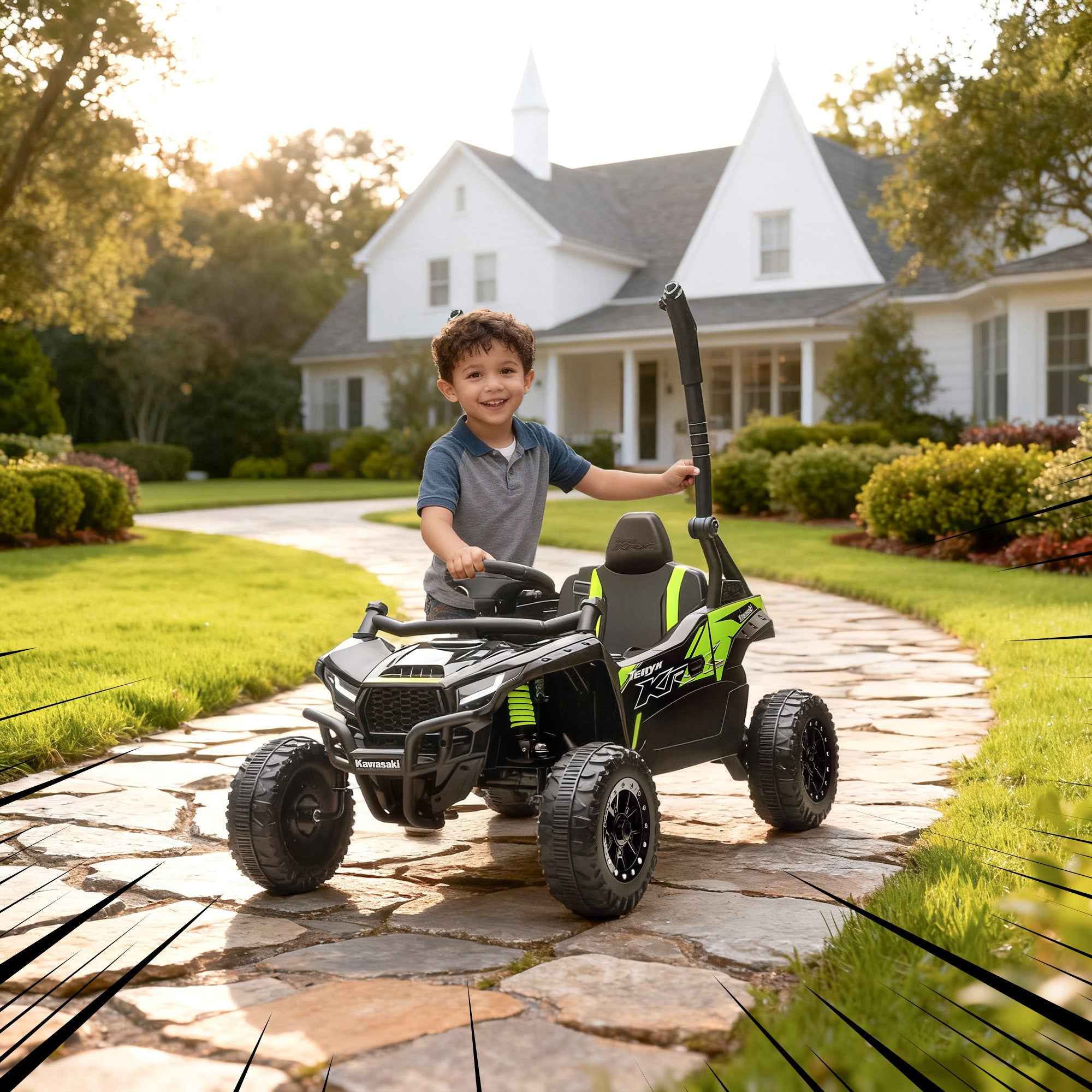 AIYAPLAY Electric Ride-On Toy Car for Children 3-5 Years Old, 12V, Licensed by KAWASAKI, Dual Motor, Remote Control and Music, Black