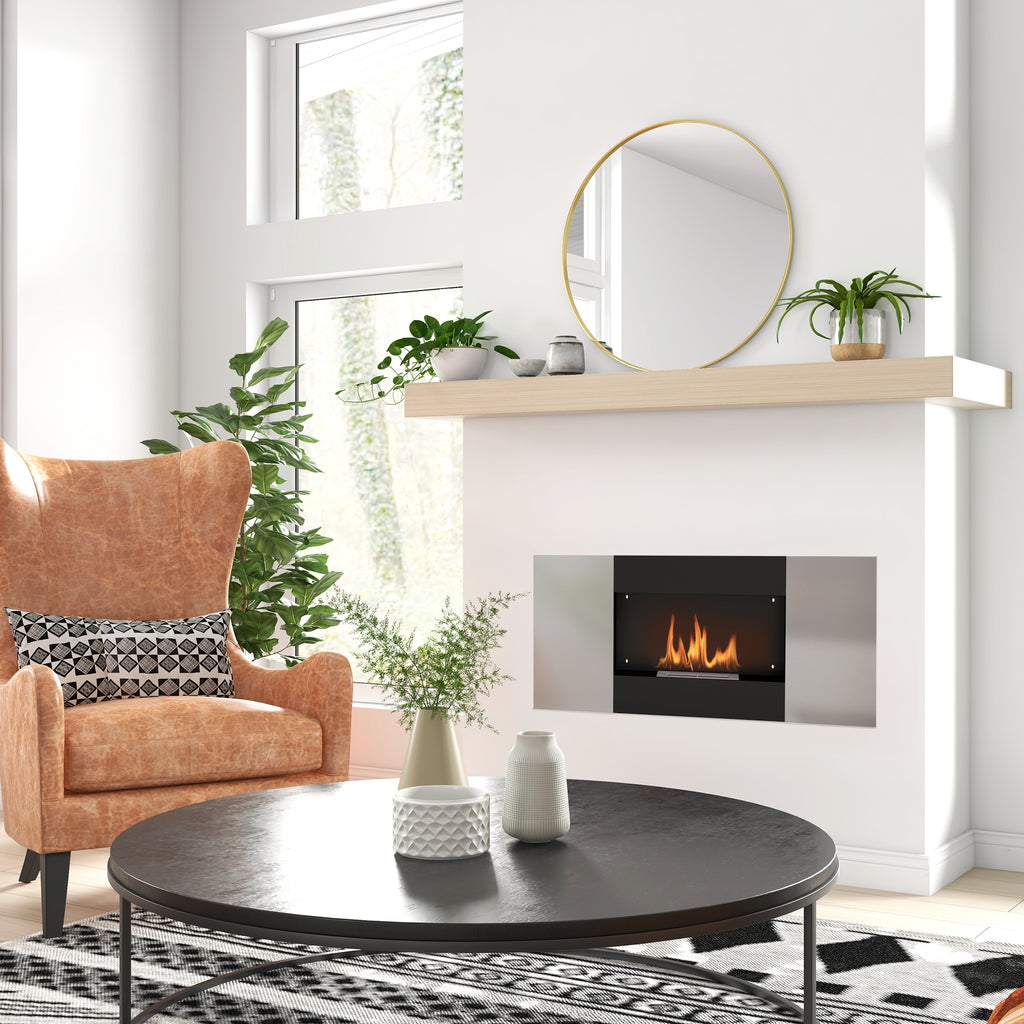 Wall Mounted  0.9L Bioethanol Fireplace with Protective Panel, Stainless Steel and Glass, 100x15x54 cm, Black and Silver
