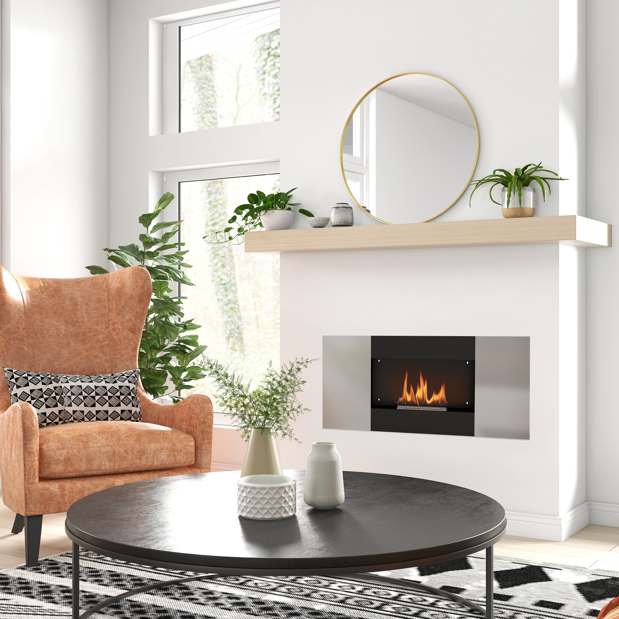 Wall Mounted  0.9L Bioethanol Fireplace with Protective Panel, Stainless Steel and Glass, 100x15x54 cm, Black and Silver
