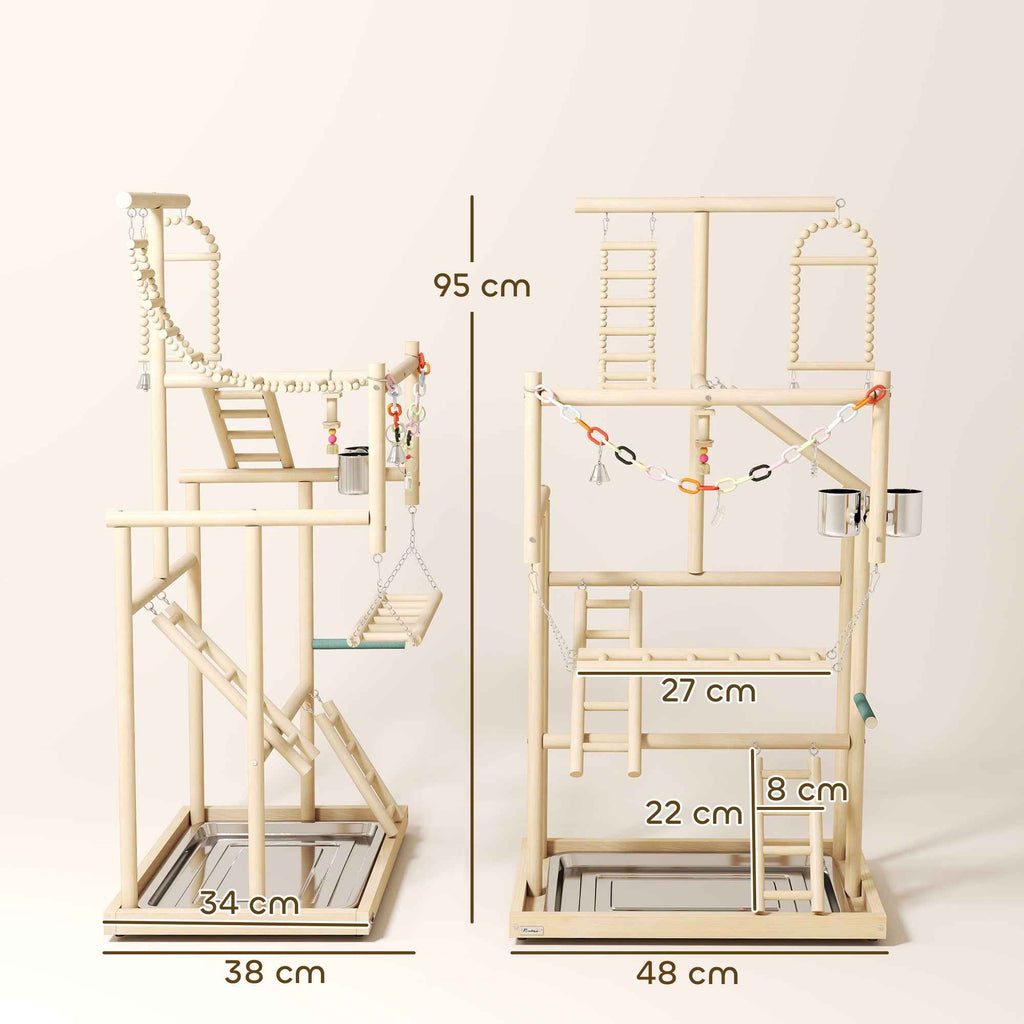 PawHut Parrot Perch with Toys, Ladders, Chains, Bowls, Removable Tray and Perches, Natural Wood