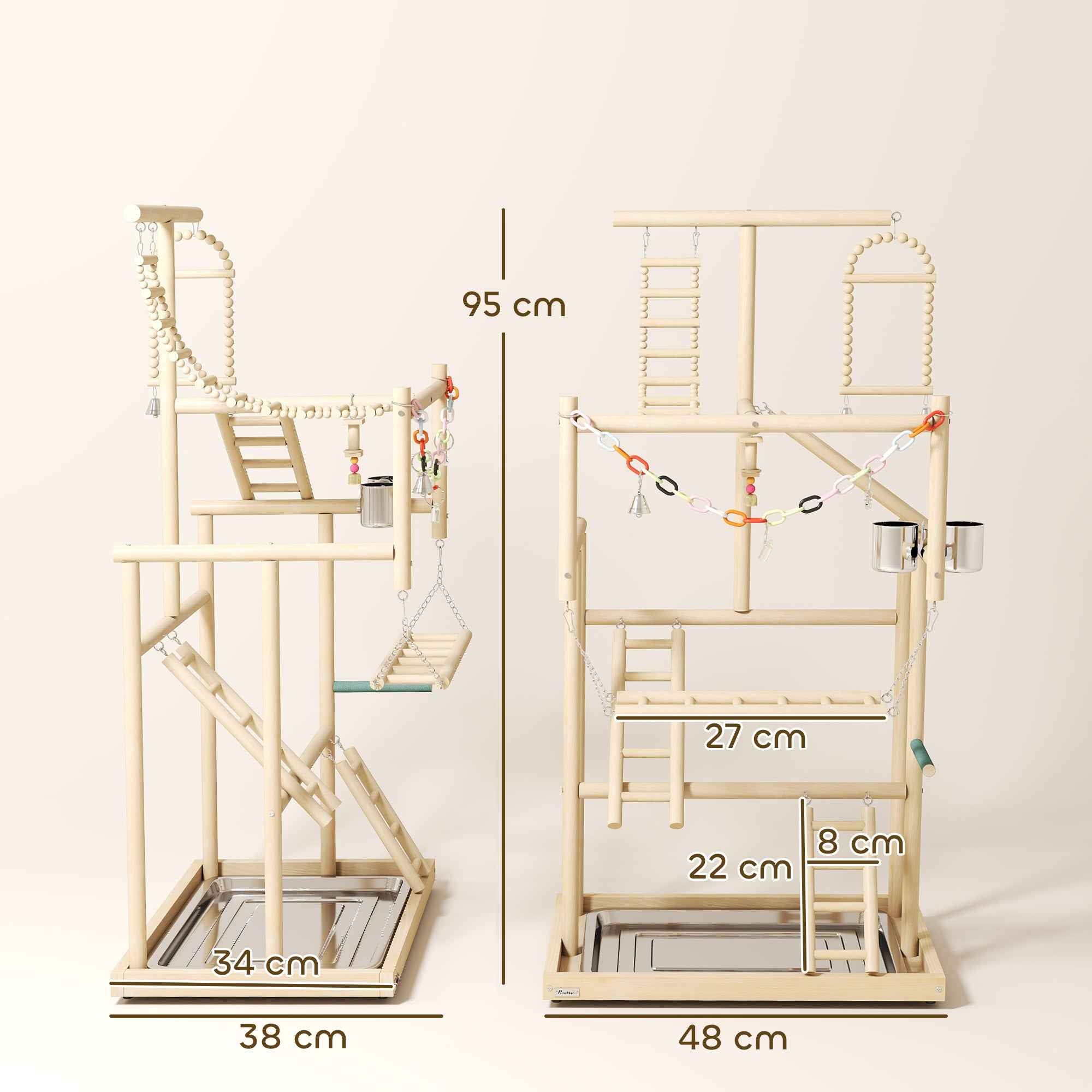 PawHut Parrot Perch with Toys, Ladders, Chains, Bowls, Removable Tray and Perches, Natural Wood