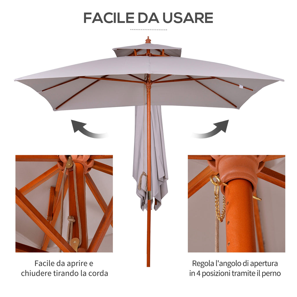Garden Umbrella 3x3m with 8 Bamboo Ribs and 2-Tier Parasol Cover, Gray