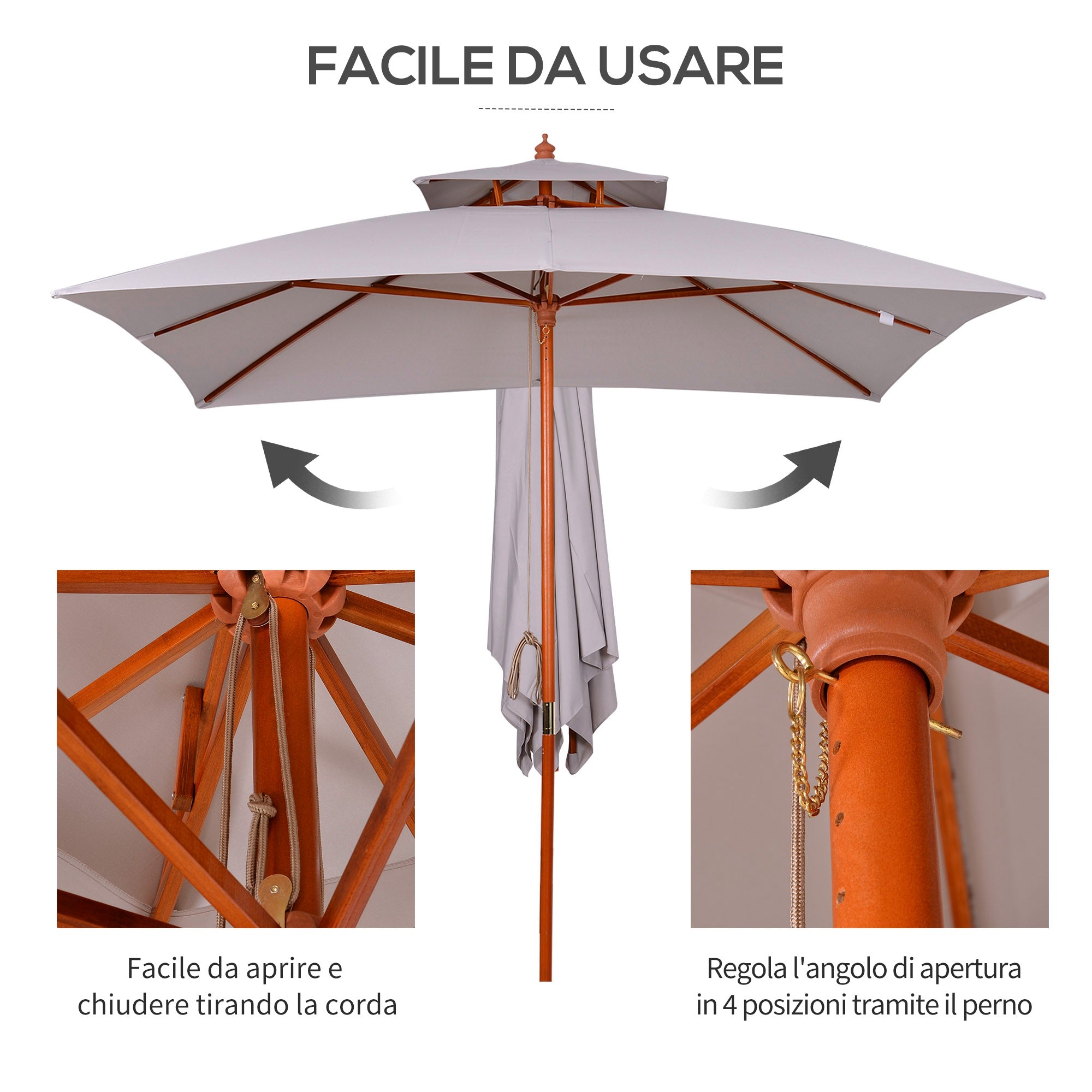 Garden Umbrella 3x3m with 8 Bamboo Ribs and 2-Tier Parasol Cover, Gray