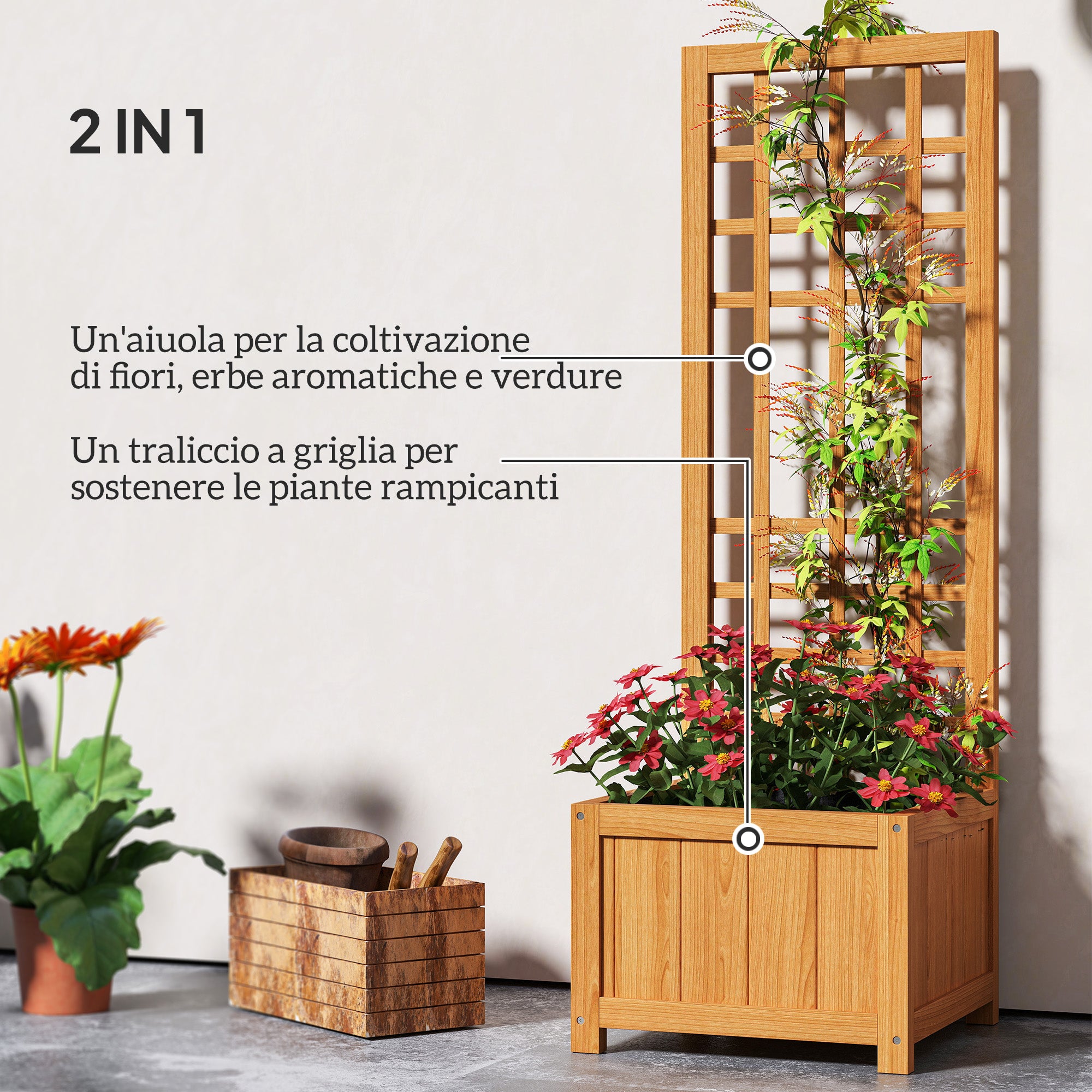 Planter with Trellis for Climbing with Drainage Hole and Lining, Wooden, 40x40x120 cm, Brown